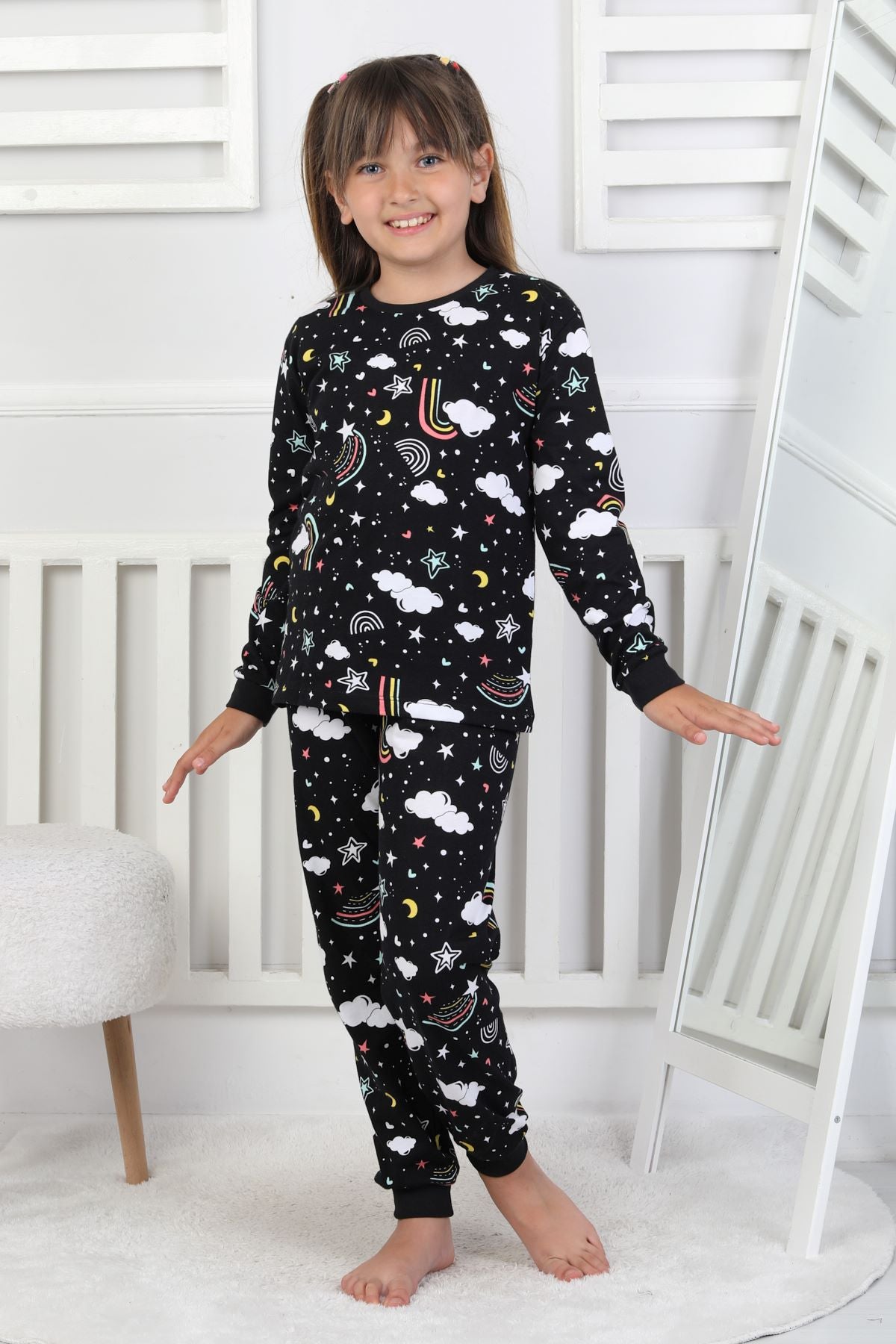 Cute Dreams Pattern Uzun Kollu Kız Çocuk Pijama Takımı