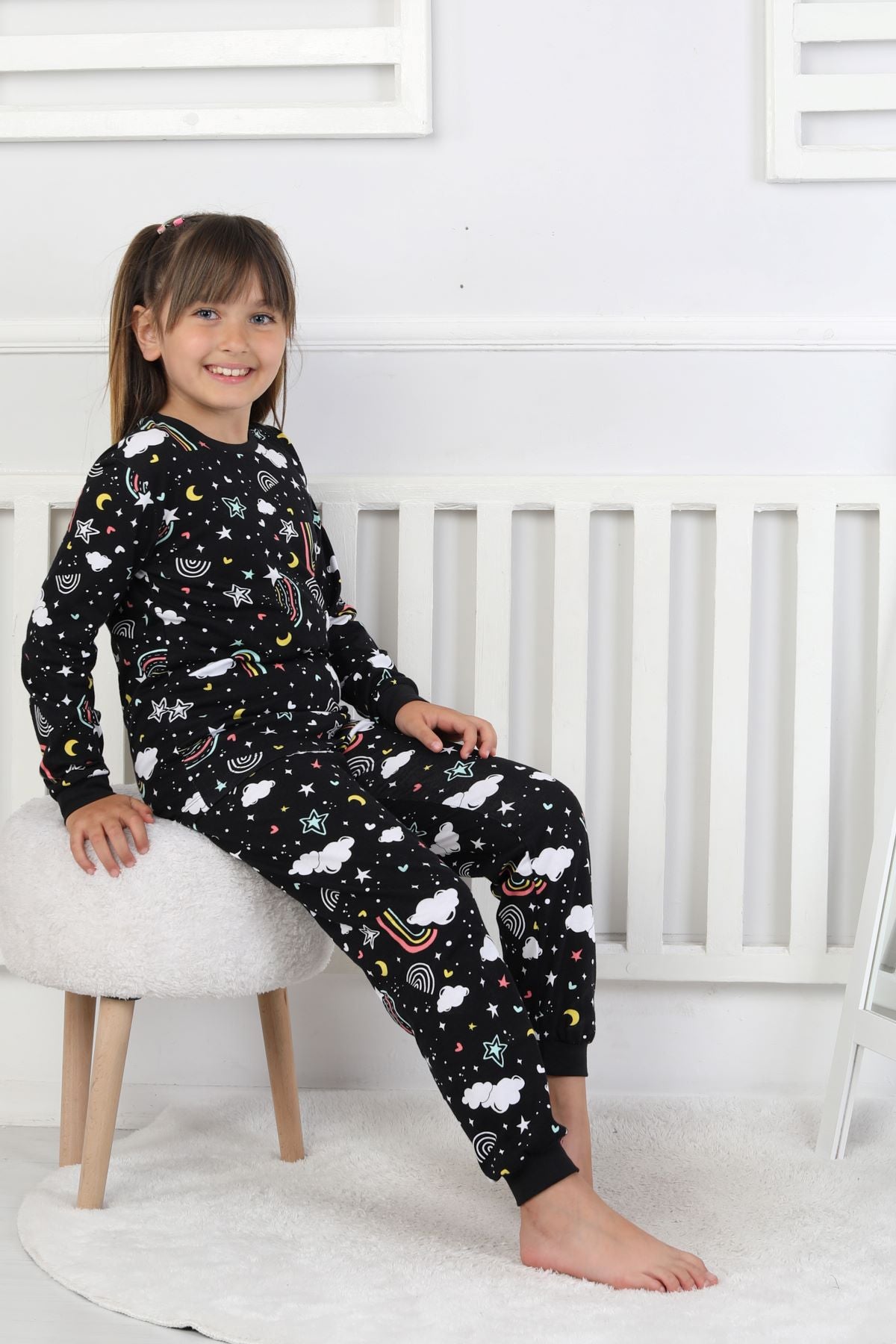 Cute Dreams Pattern Uzun Kollu Kız Çocuk Pijama Takımı