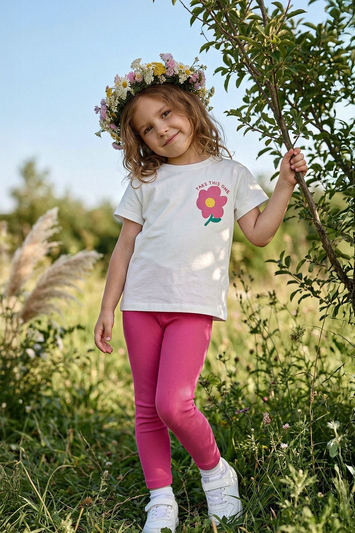 Cute Flower Baskılı Kız Çocuk Tayt Takım Pembe