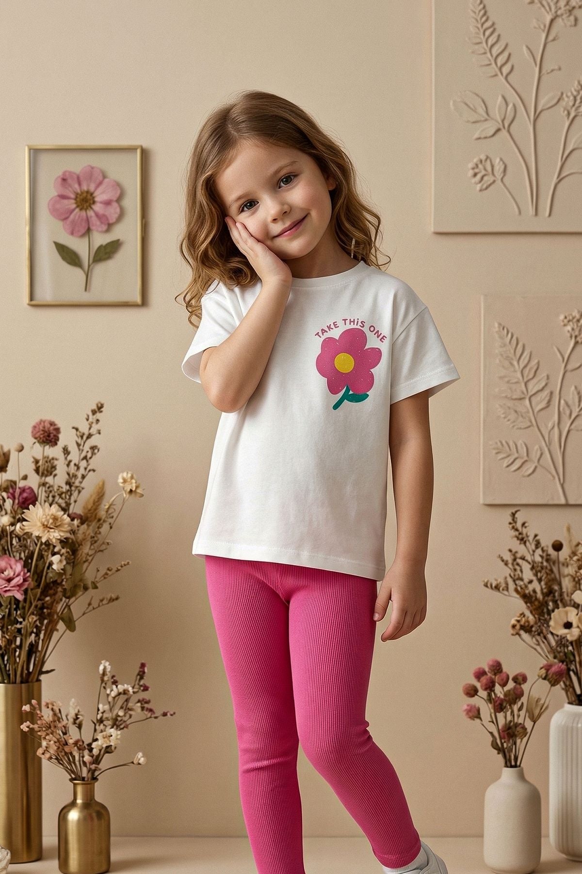 Cute Flower Baskılı Kız Çocuk Tayt Takım Pembe