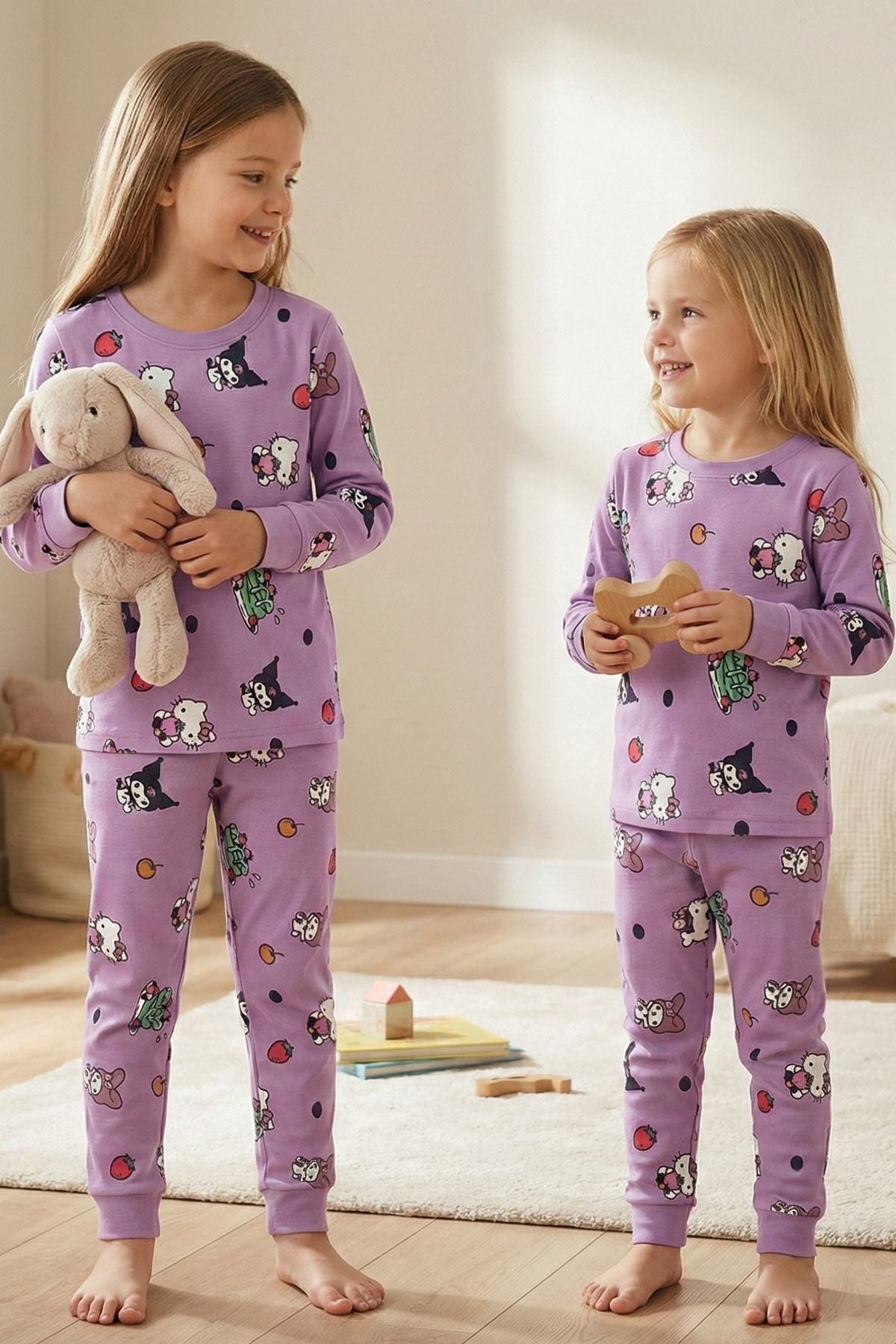 Cute Hello Kitty Ve Kuromi Desenli Kız Çocuk Pijama Takımı