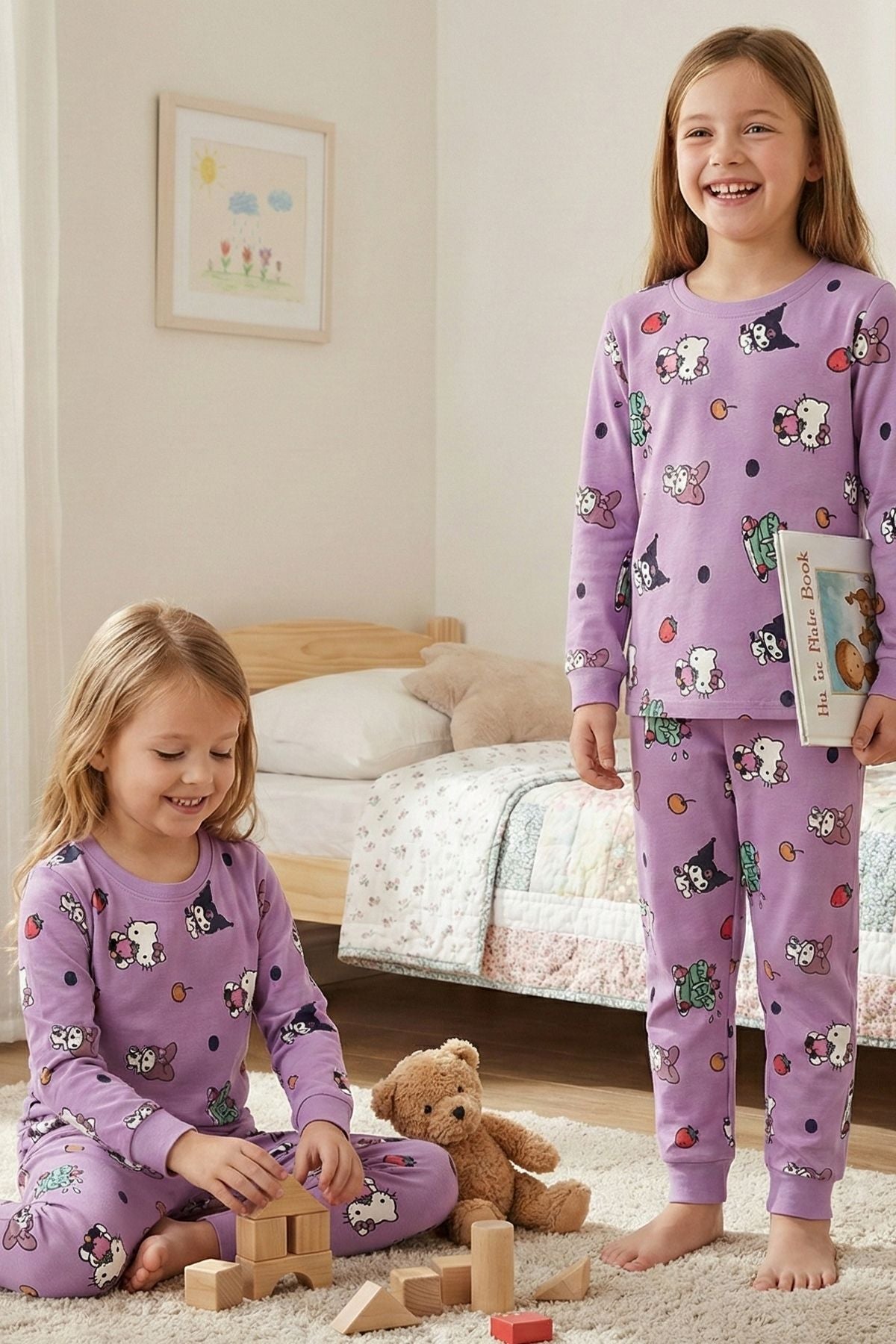Cute Hello Kitty Ve Kuromi Desenli Kız Çocuk Pijama Takımı