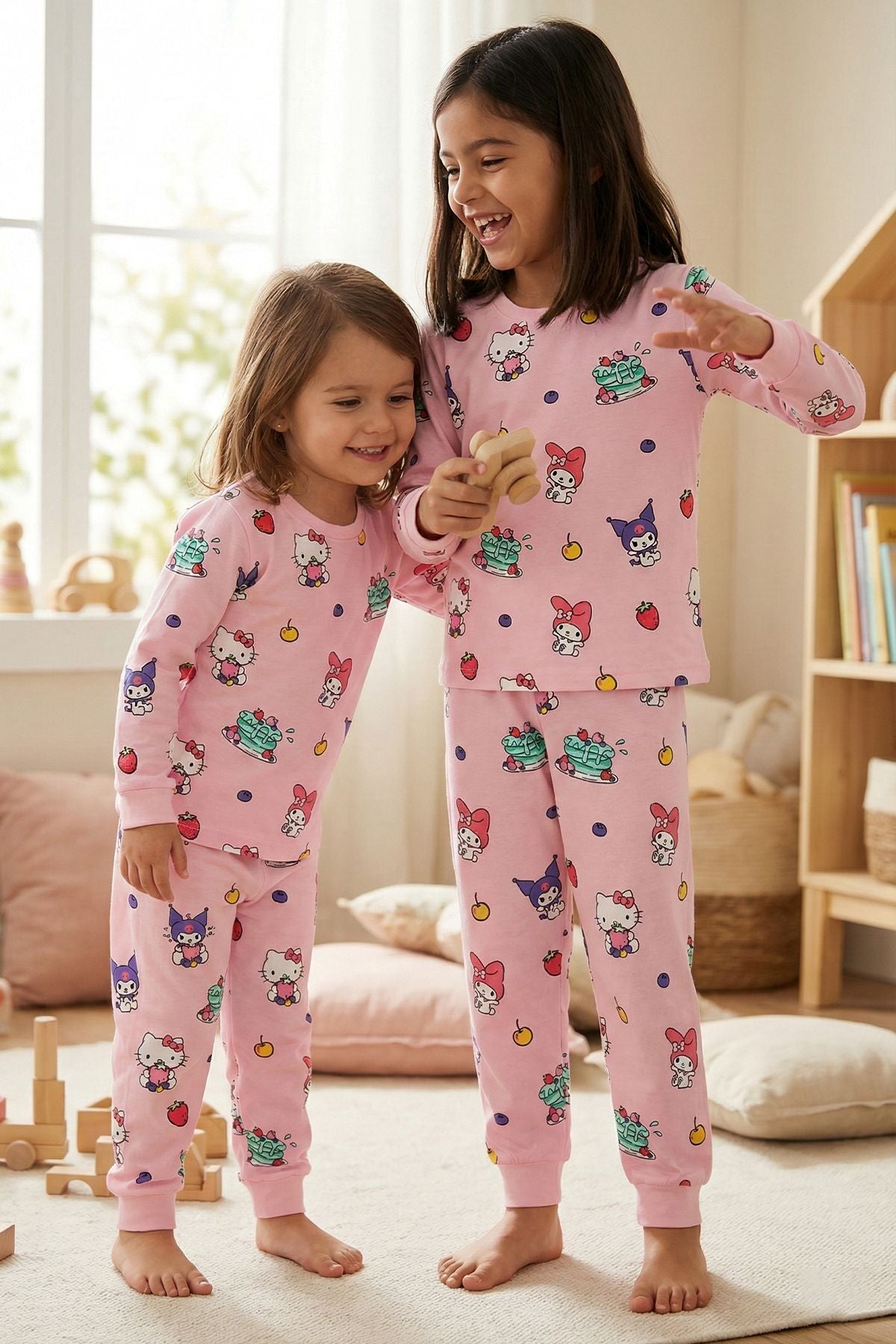Cute Hello Kitty Ve Kuromi Desenli Kız Çocuk Pijama Takımı