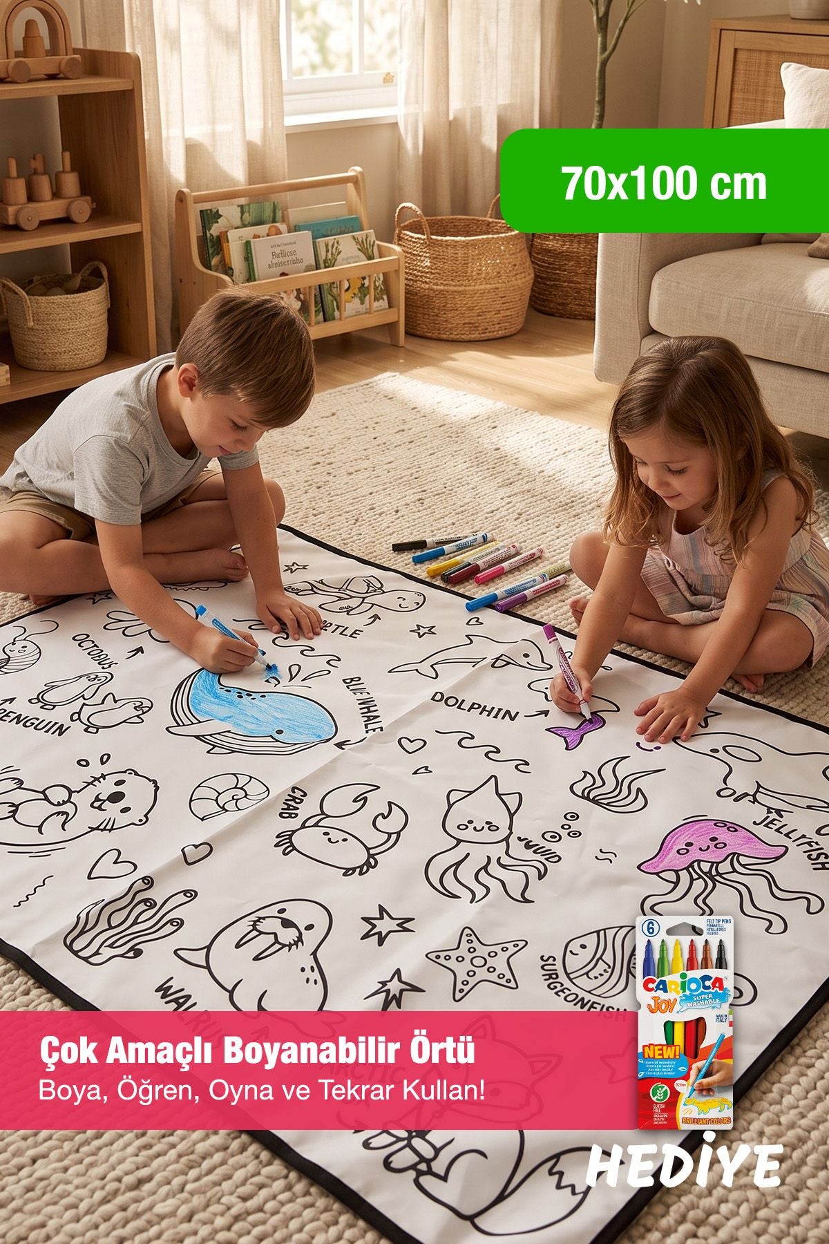 Deniz Canlıları Temalı 70x100 CM Boyutlu boyanabilir Çok Amaçlı Örtü Oyun Halısı - Yıkanabilir Boya Hediyeli