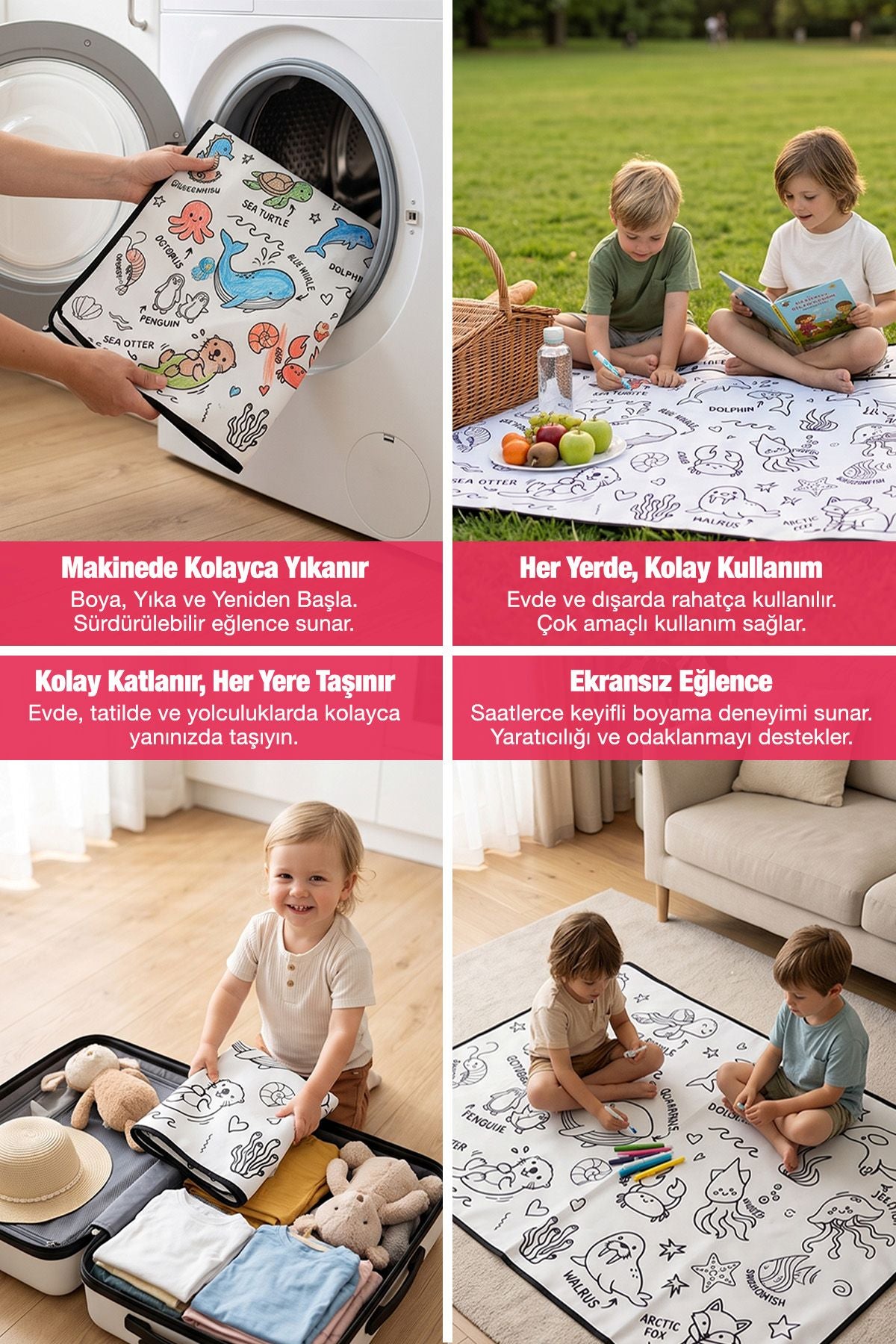 Deniz Canlıları Temalı 70x100 CM Boyutlu boyanabilir Çok Amaçlı Örtü Oyun Halısı - Yıkanabilir Boya Hediyeli