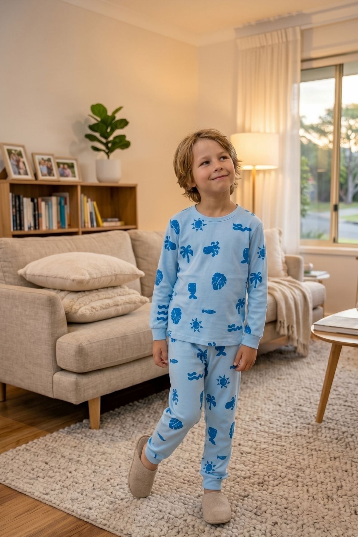Deniz Temalı Mavi Renk %100 Pamuk Erkek Çocuk Pijama Takımı