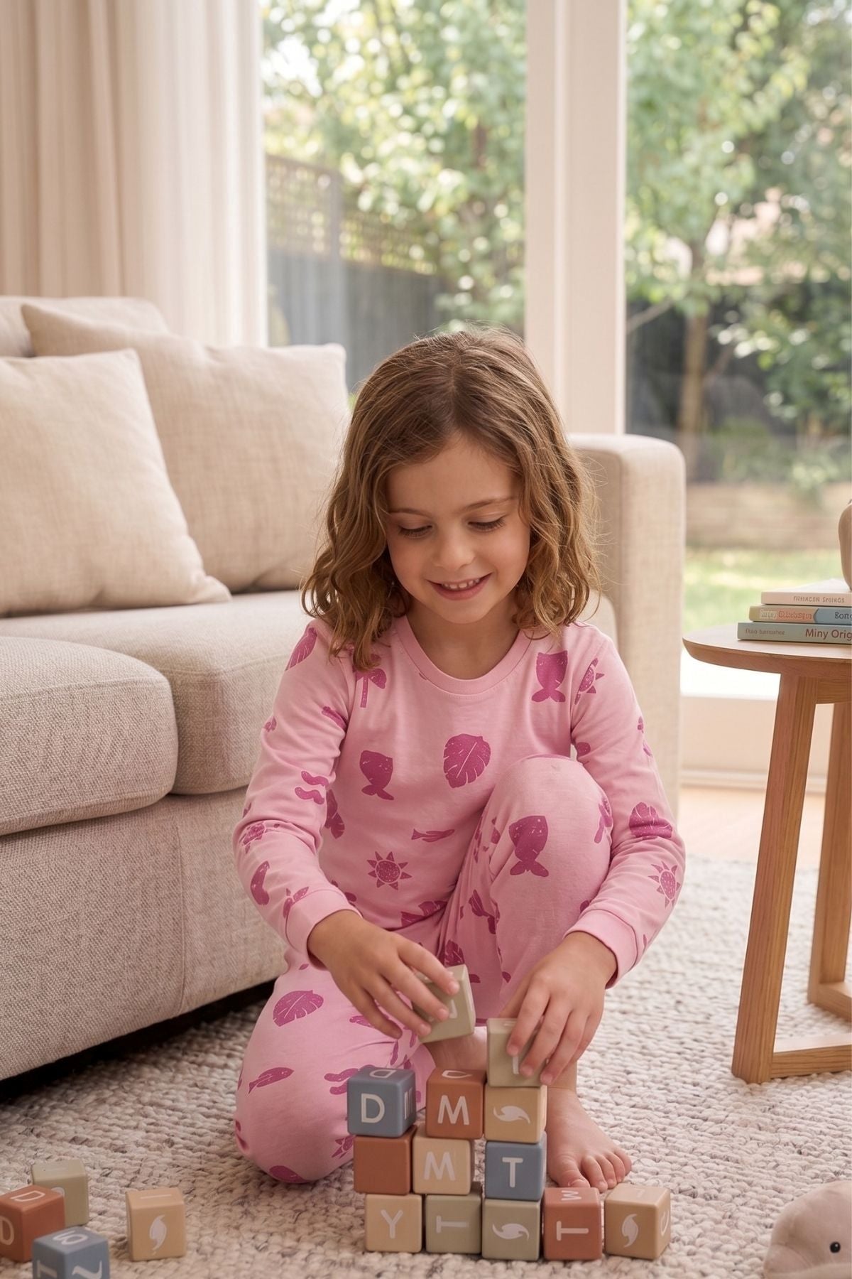 Deniz Temalı Pembe Renk %100 Pamuk Kız Çocuk Pijama Takımı