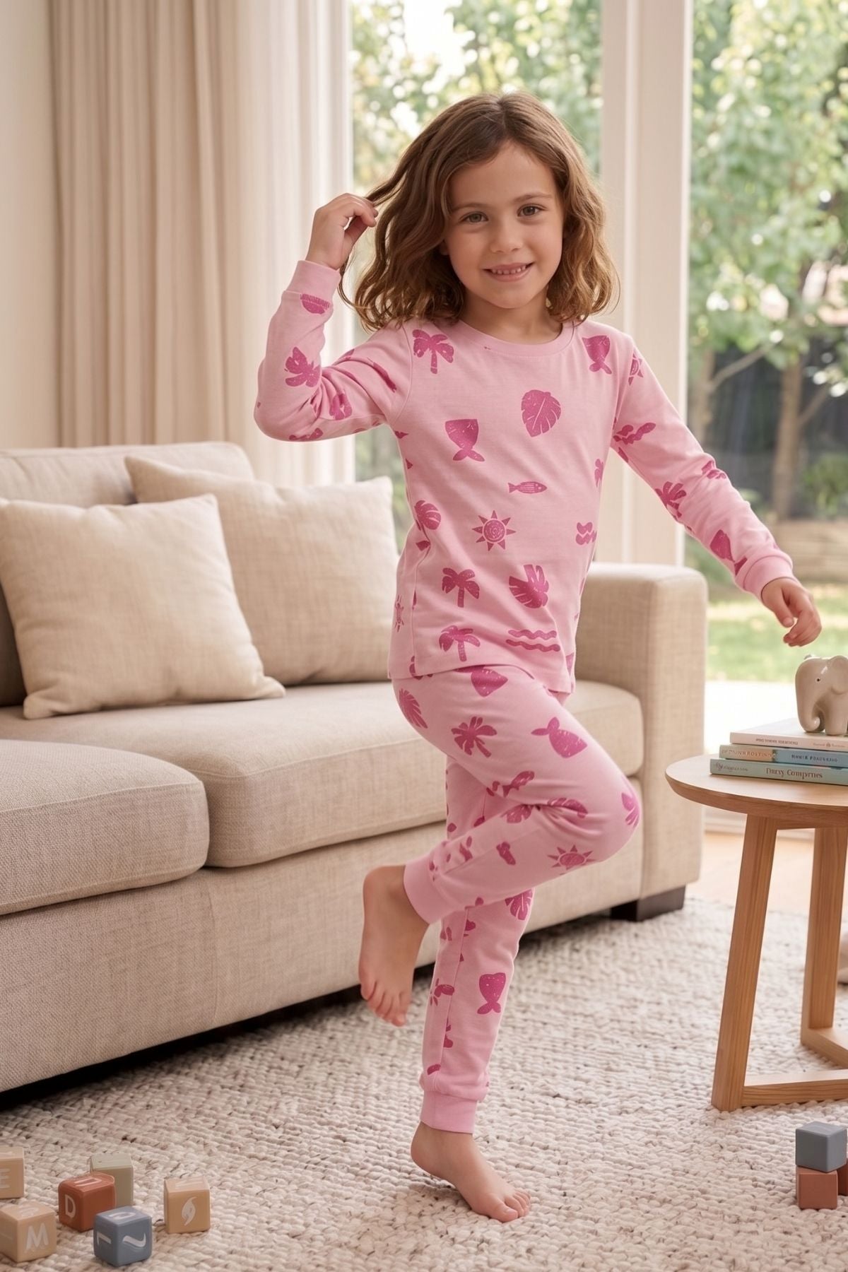 Deniz Temalı Pembe Renk %100 Pamuk Kız Çocuk Pijama Takımı