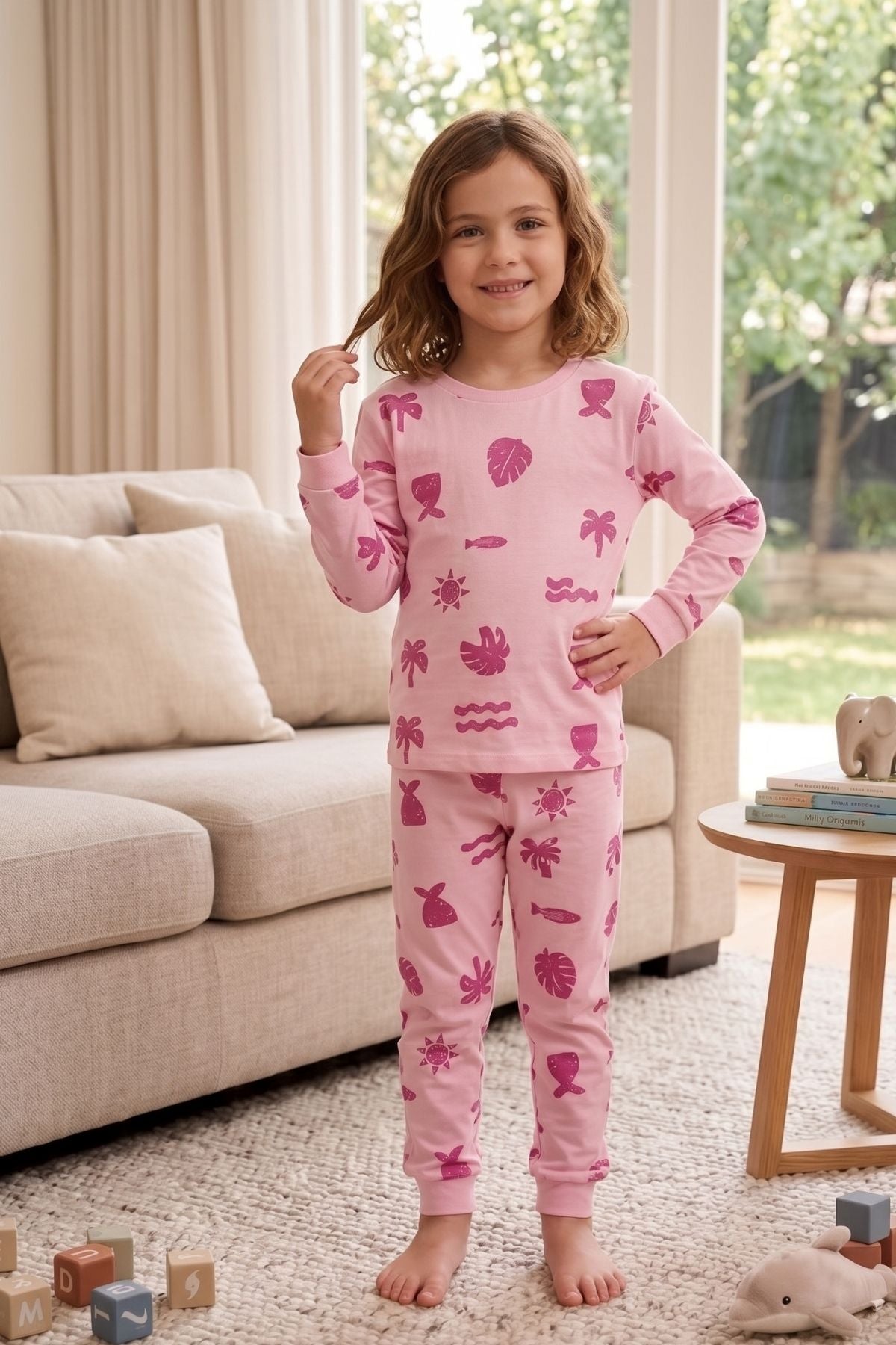 Deniz Temalı Pembe Renk %100 Pamuk Kız Çocuk Pijama Takımı