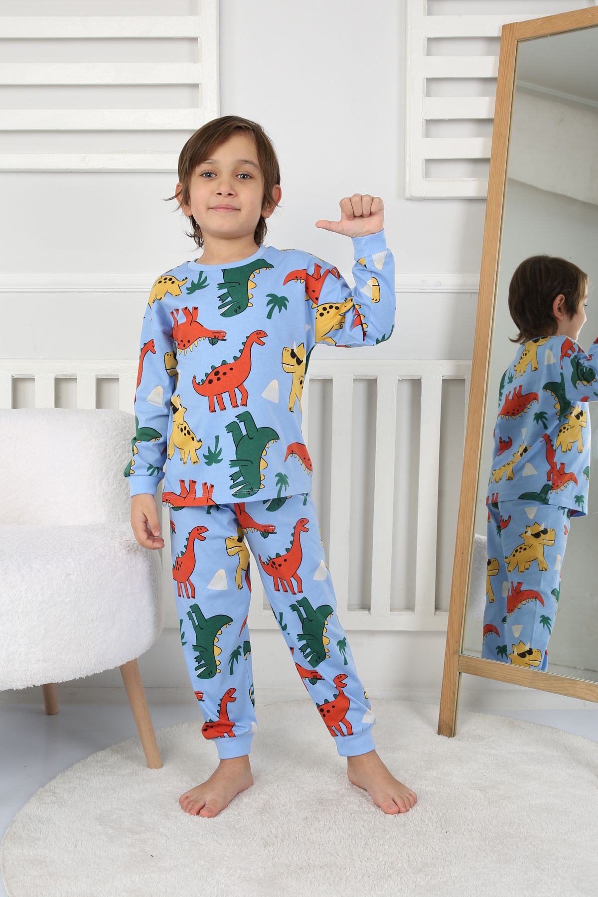 Dinozor Desenli Erkek Çocuk Pijama Takımı Yeşil 3-8 Yaş