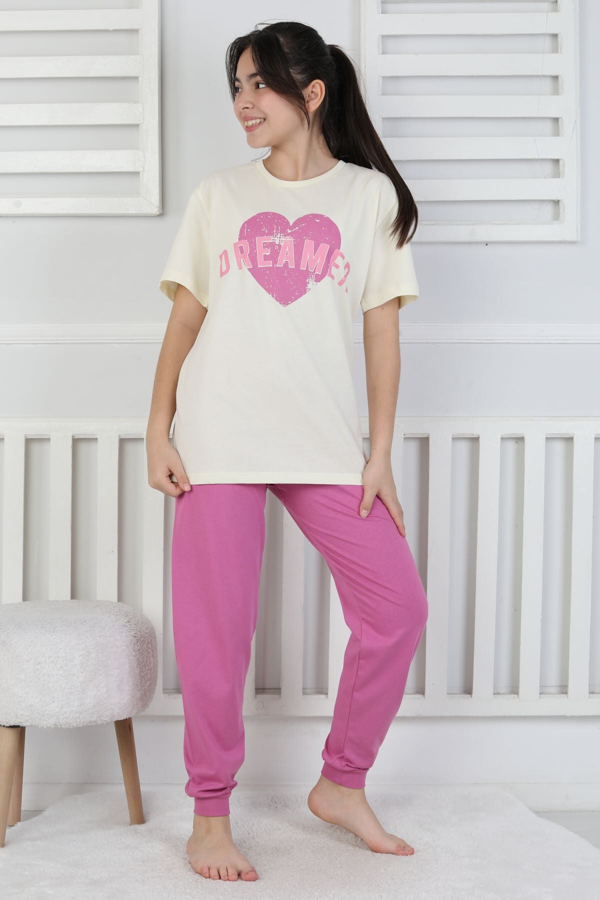 Dreamer Kalp Baskılı Kız Çocuk Pijama Takımı