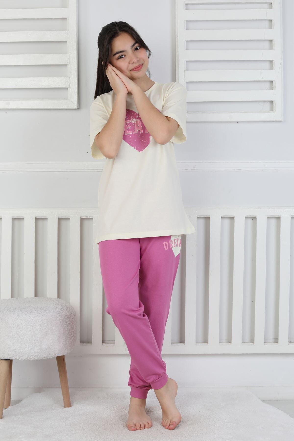 Dreamer Kalp Baskılı Kız Çocuk Pijama Takımı