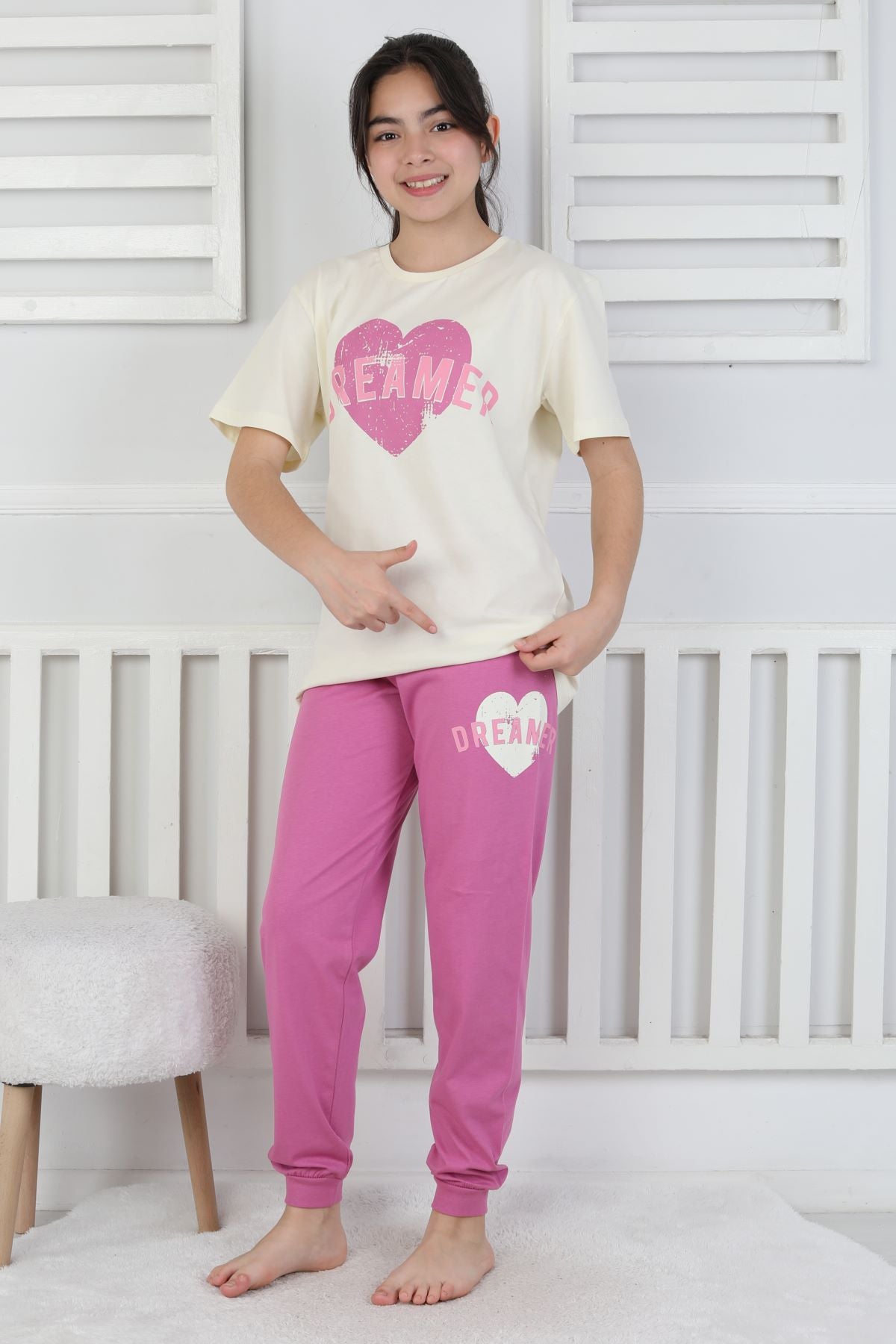 Dreamer Kalp Baskılı Kız Çocuk Pijama Takımı