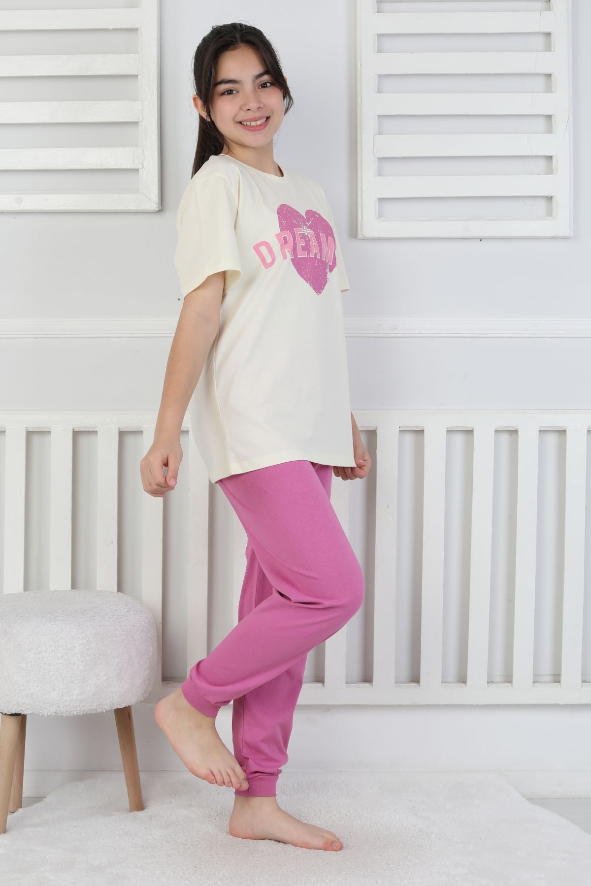 Dreamer Kalp Baskılı Kız Çocuk Pijama Takımı