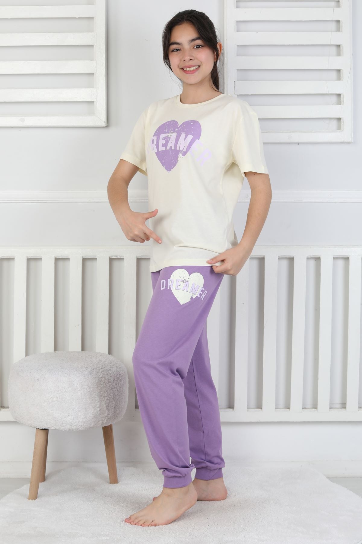 Dreamer Kalp Baskılı Kız Çocuk Pijama Takımı