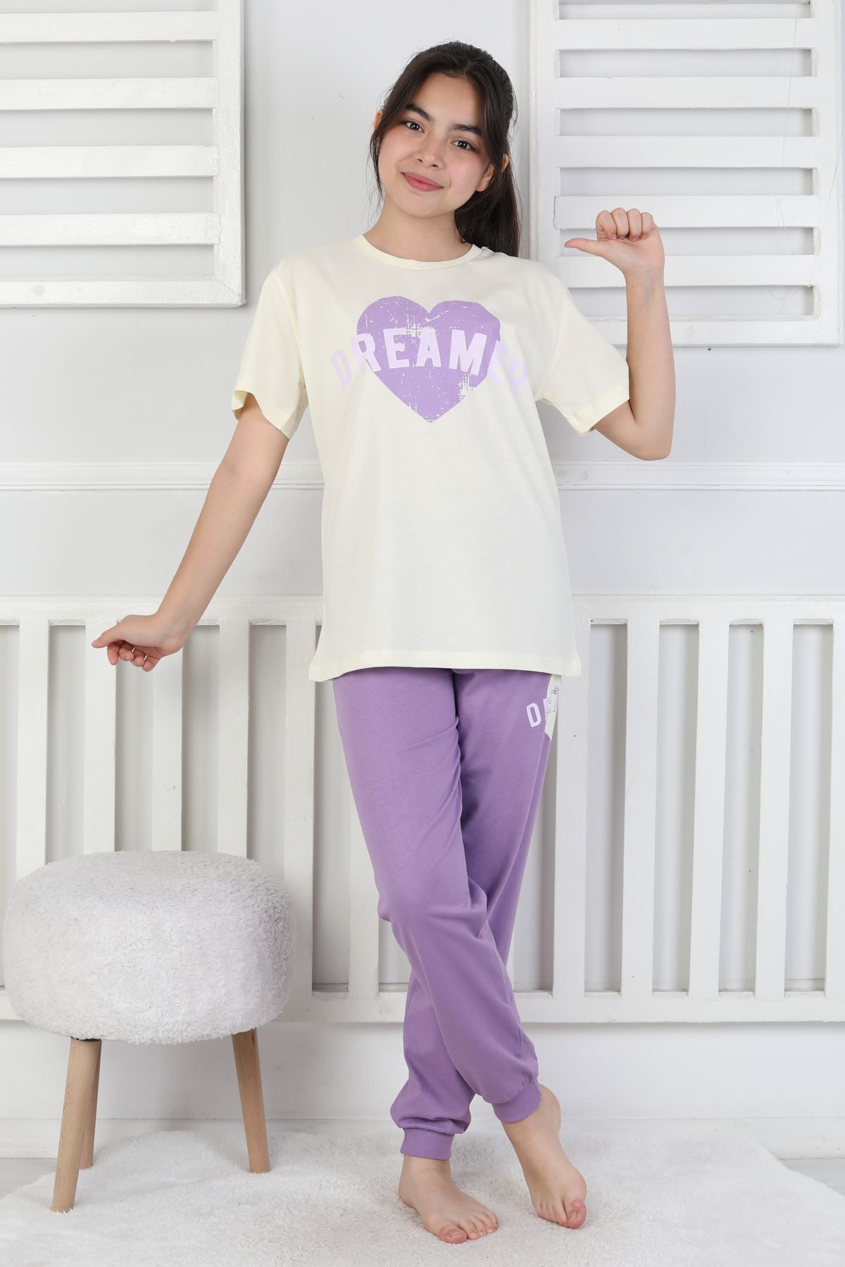 Dreamer Kalp Baskılı Kız Çocuk Pijama Takımı