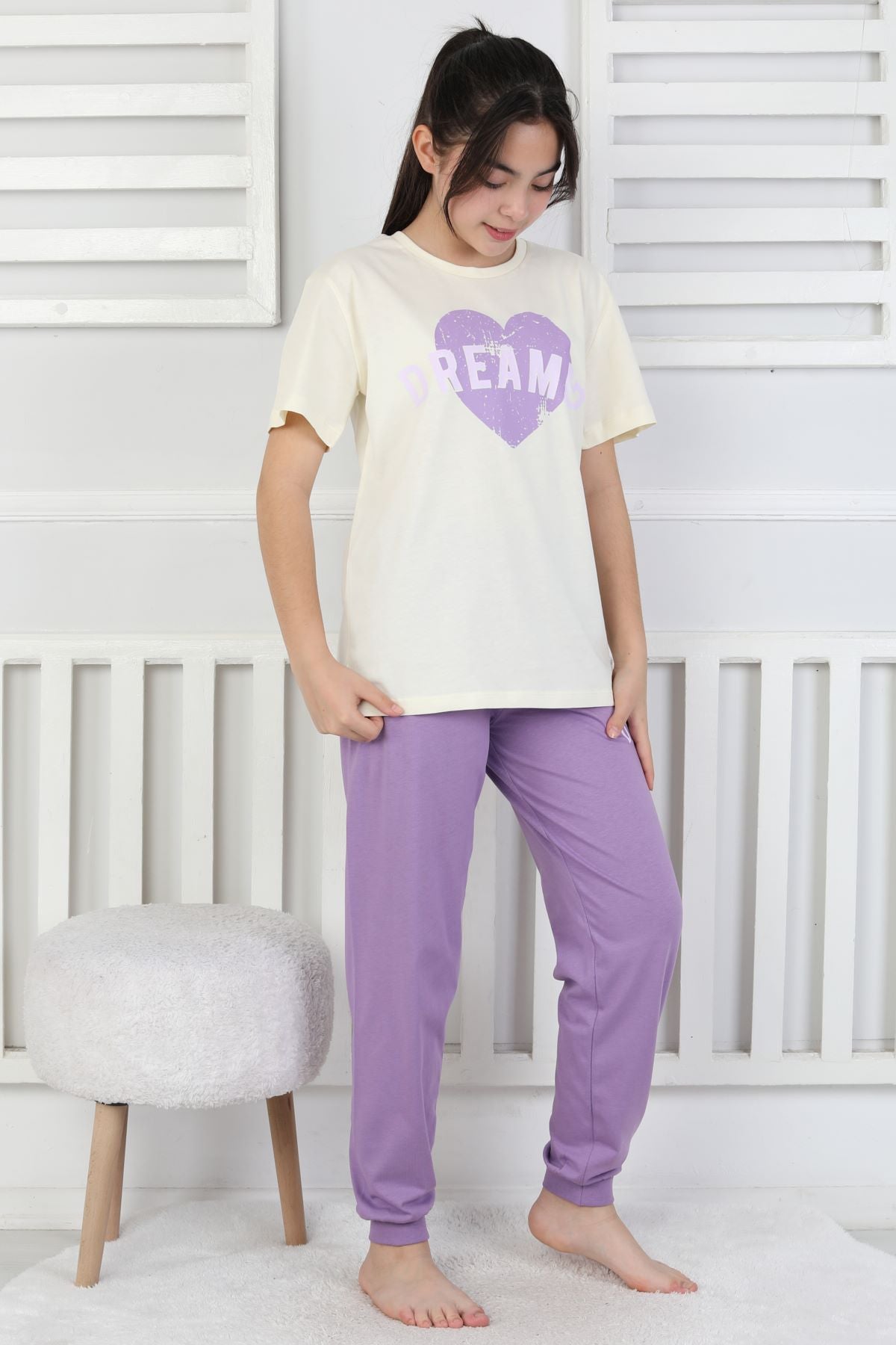 Dreamer Kalp Baskılı Kız Çocuk Pijama Takımı