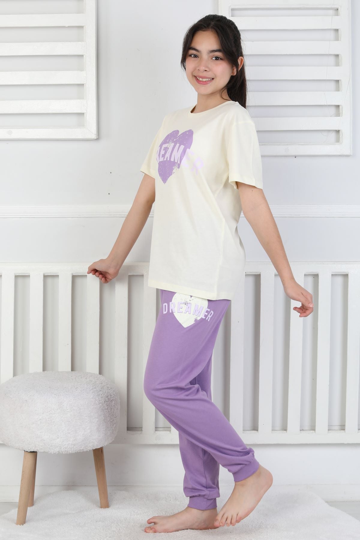 Dreamer Kalp Baskılı Kız Çocuk Pijama Takımı