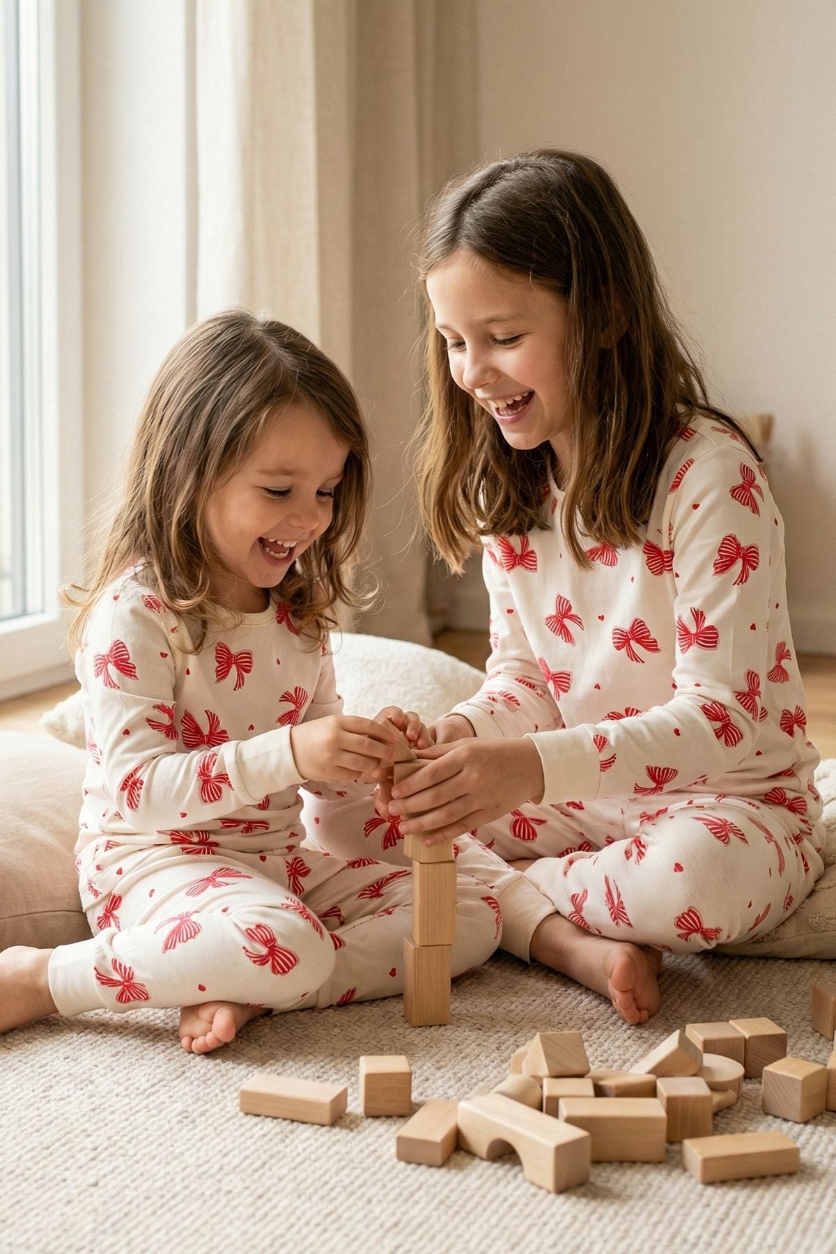 Ekru Renk Kırmızı Fiyonk Baskılı Kız Çocuk Pijama Takımı