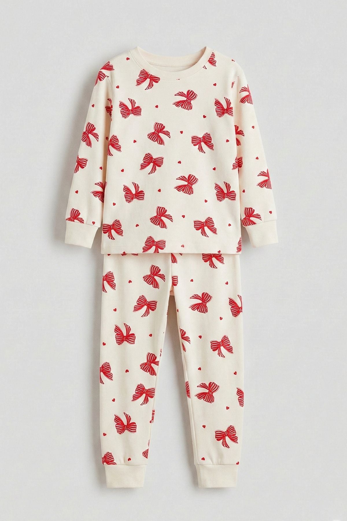 Ekru Renk Kırmızı Fiyonk Baskılı Kız Çocuk Pijama Takımı