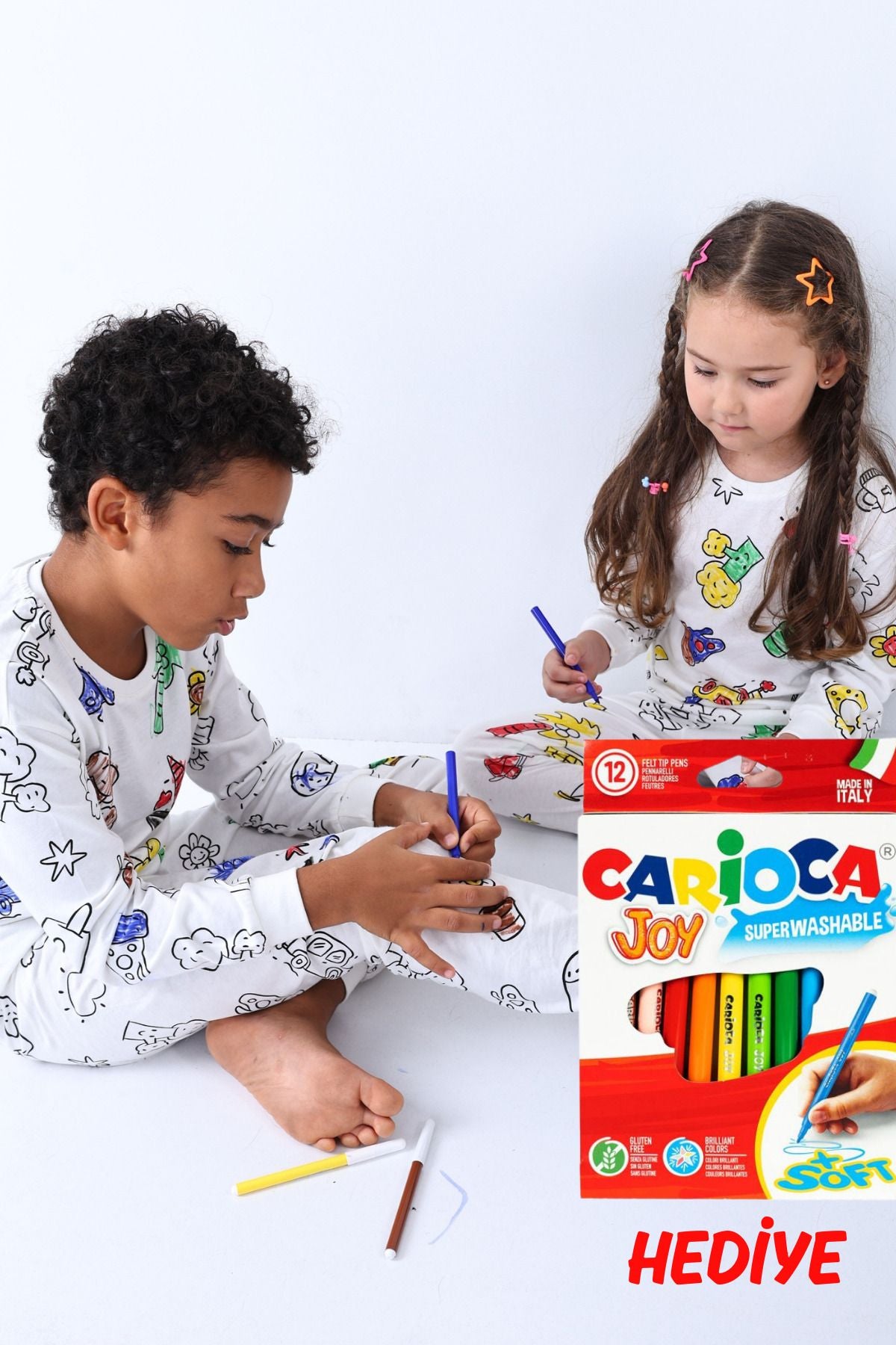 Boyanabilir Çocuk Pijama Takımı - 12'li Kalem Hediyeli - Uzun Kol (Yıkama Sonrası Leke Bırakmaz)