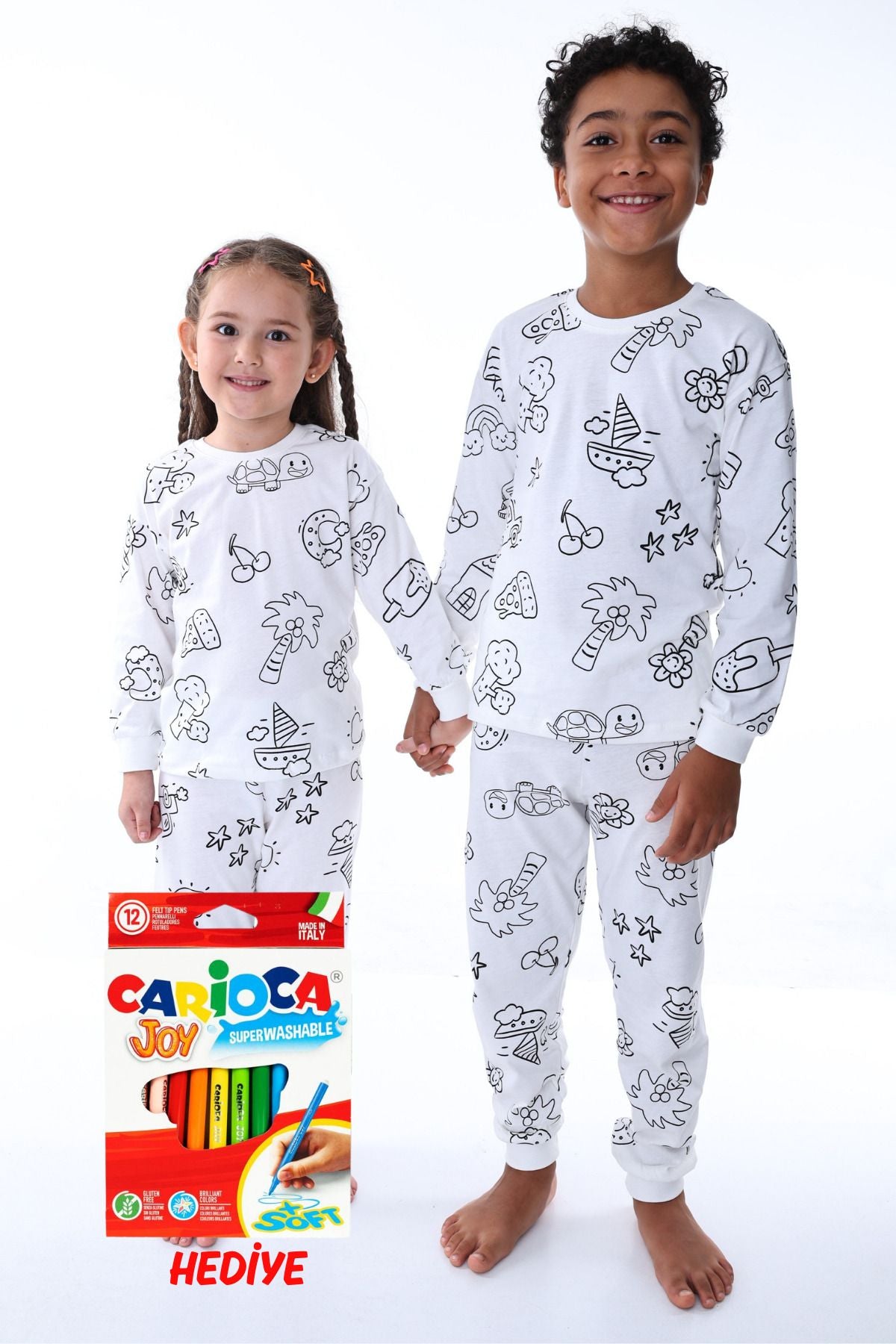 Boyanabilir Çocuk Pijama Takımı - 12'li Kalem Hediyeli - Uzun Kol (Yıkama Sonrası Leke Bırakmaz)