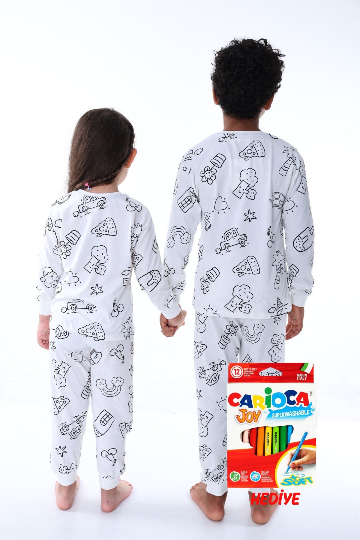 Boyanabilir Çocuk Pijama Takımı - 12'li Kalem Hediyeli - Uzun Kol