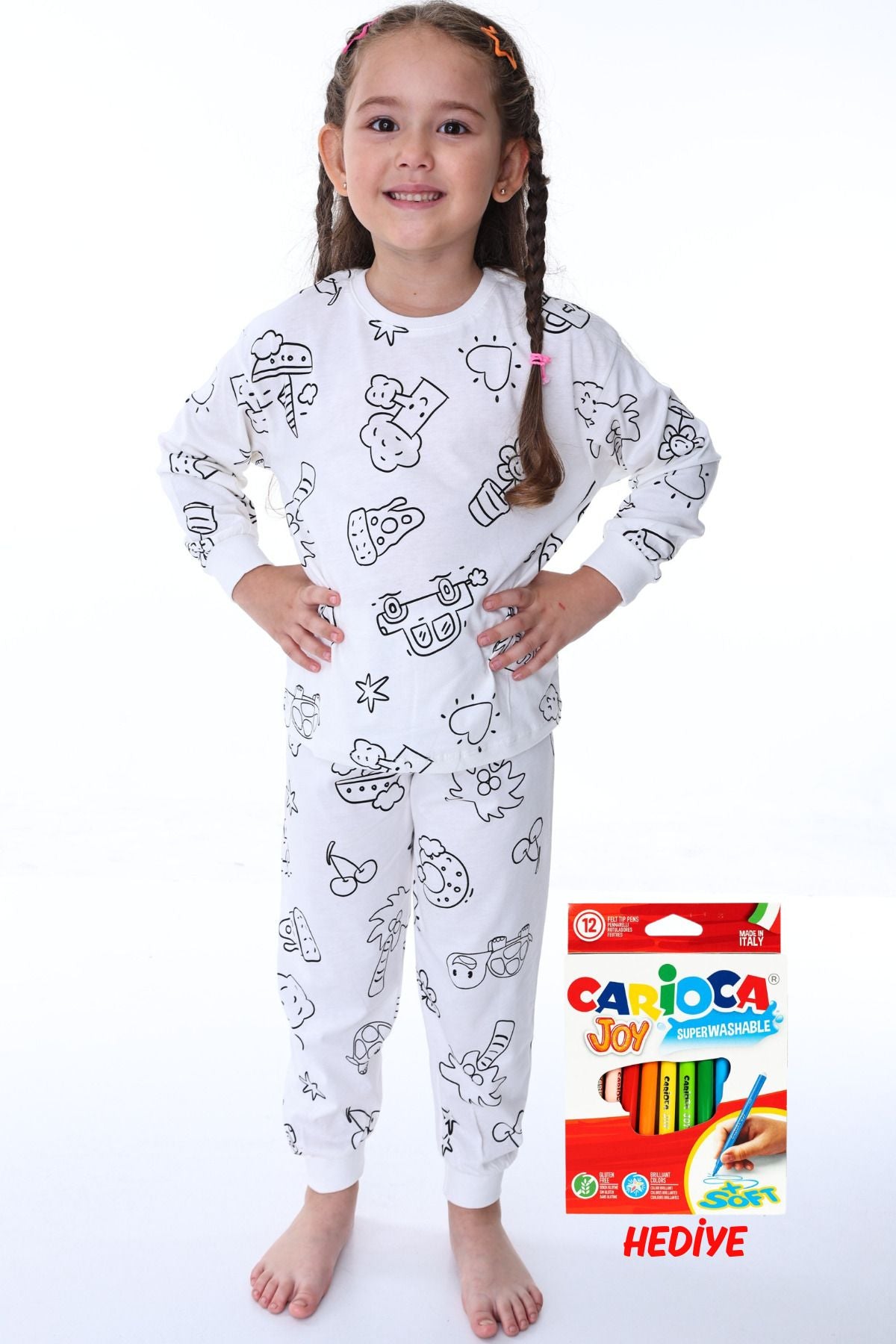 Boyanabilir Çocuk Pijama Takımı - 12'li Kalem Hediyeli - Uzun Kol
