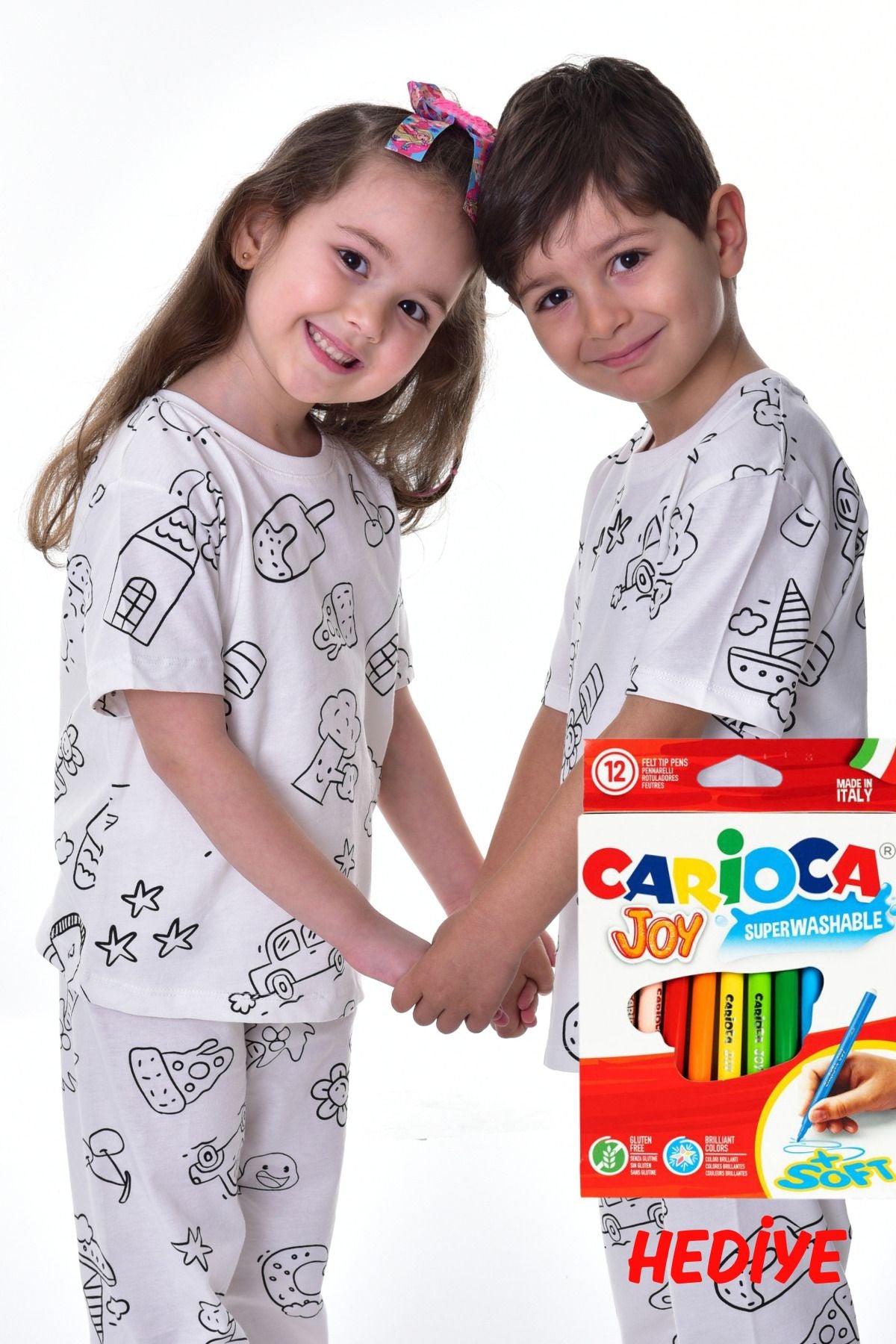 Boyanabilir Çocuk Pijama Takımı - 12'li Kalem Hediyeli - Kısa Kol (Yıkama Sonrası Leke Bırakmaz)