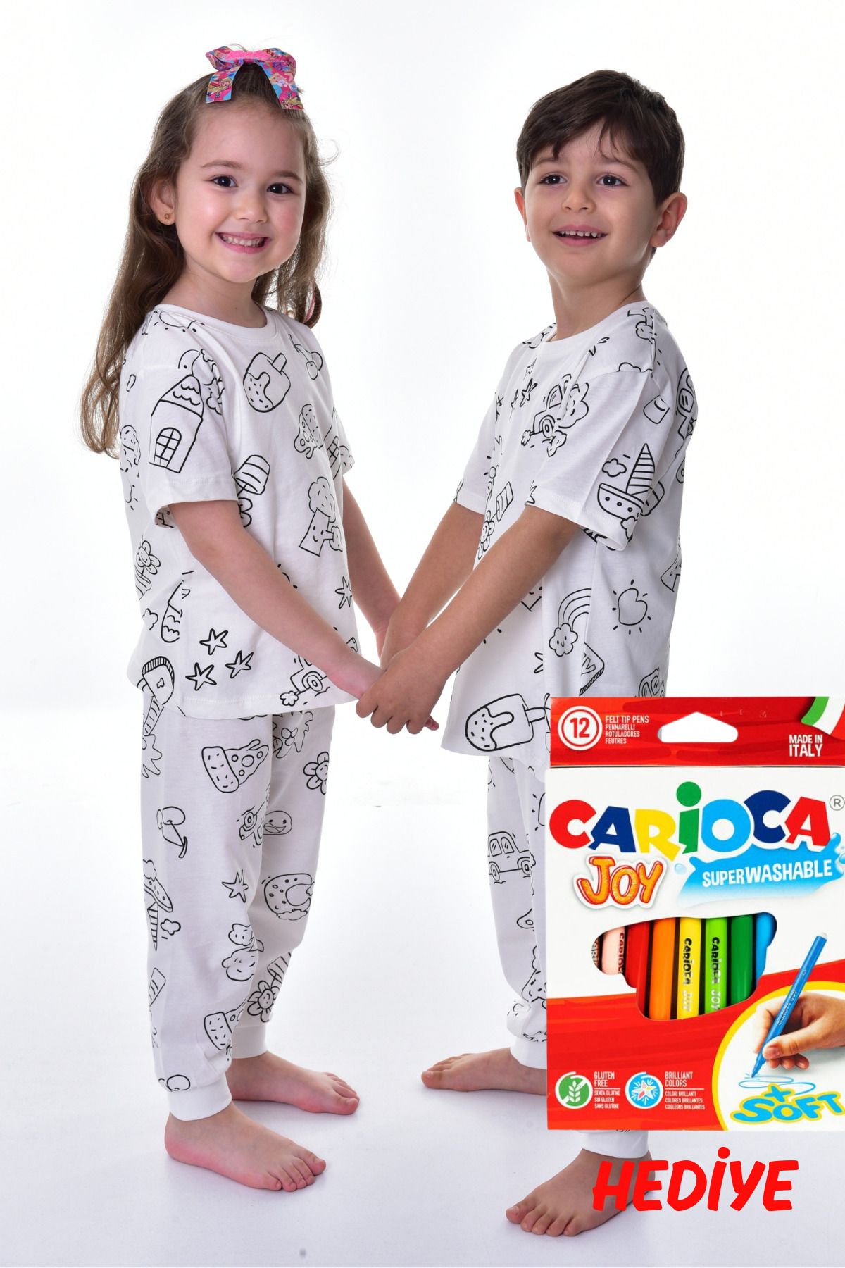 Boyanabilir Çocuk Pijama Takımı - 12'li Kalem Hediyeli - Kısa Kol