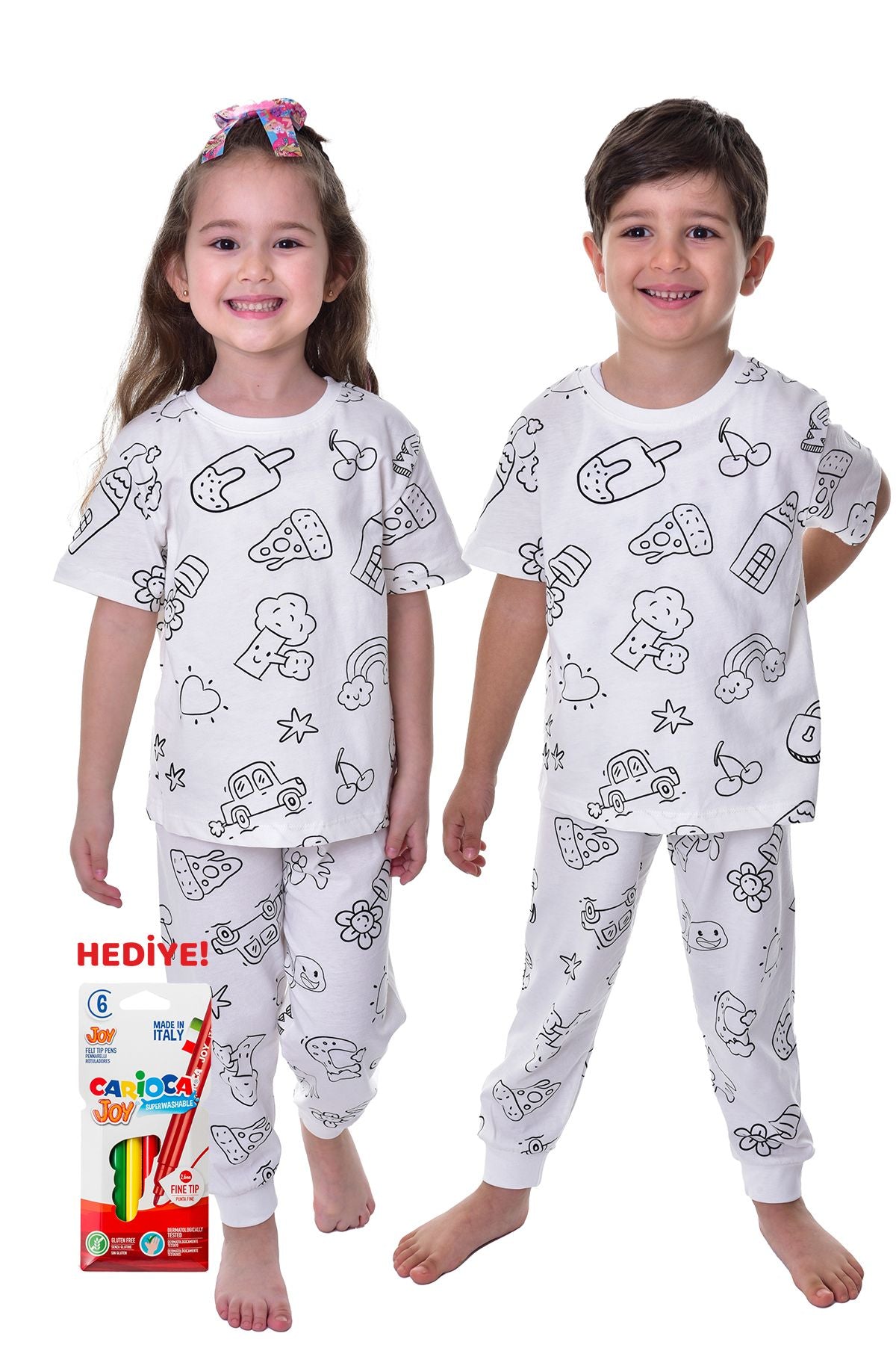 Boyanabilir Çocuk Pijama Takımı - 6'li Kalem Hediyeli - Kısa Kol