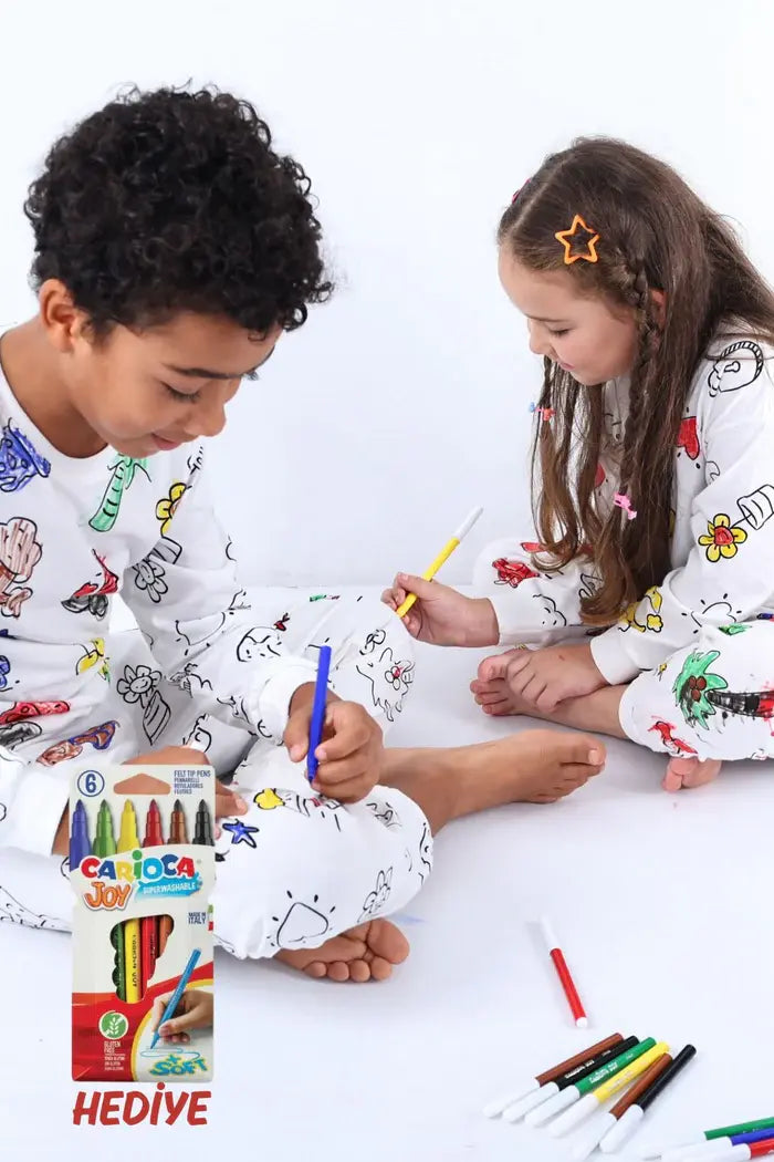Boyanabilir Çocuk Pijama Takımı - 6'lı Kalem Hediyeli - Uzun Kol