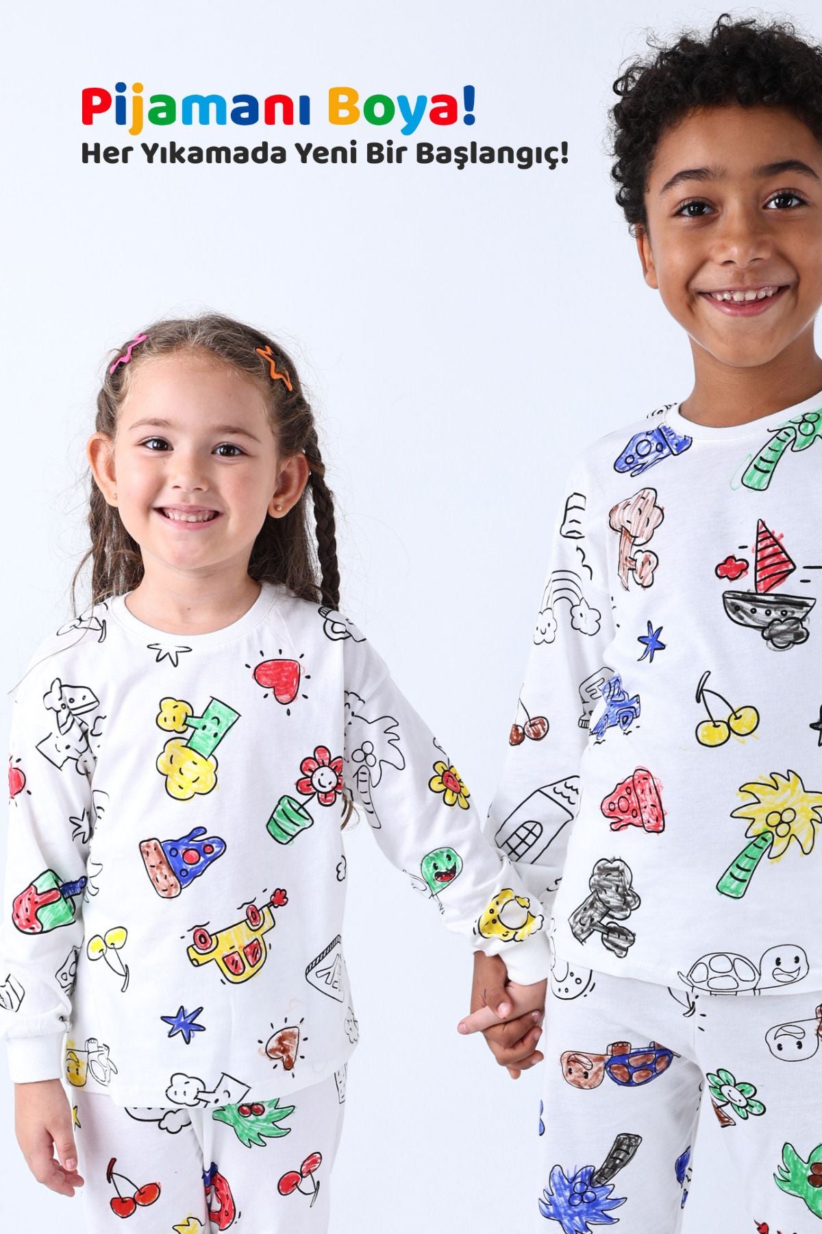 Boyanabilir Çocuk Pijama Takımı - 6'lı Kalem Hediyeli - Uzun Kol (Yıkama Sonrası Leke Bırakmaz)