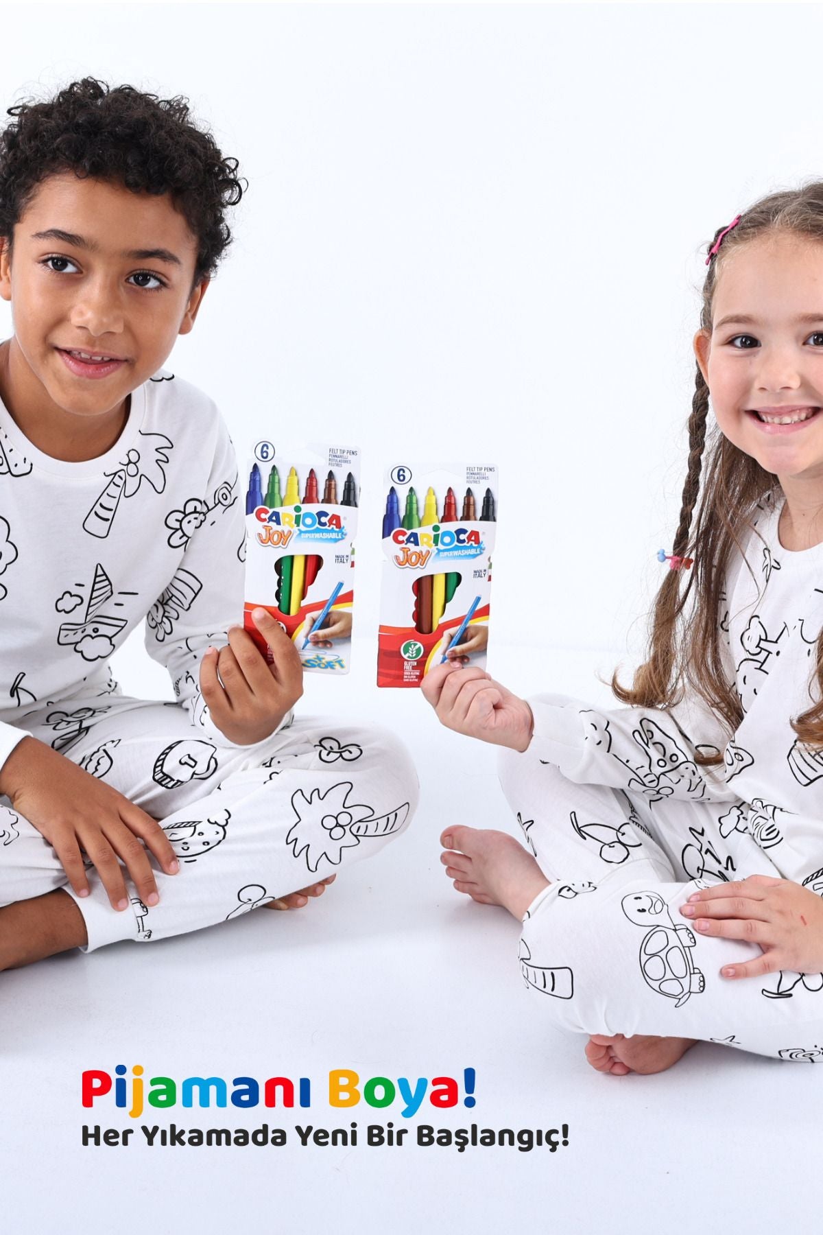 Boyanabilir Çocuk Pijama Takımı - 6'lı Kalem Hediyeli - Uzun Kol