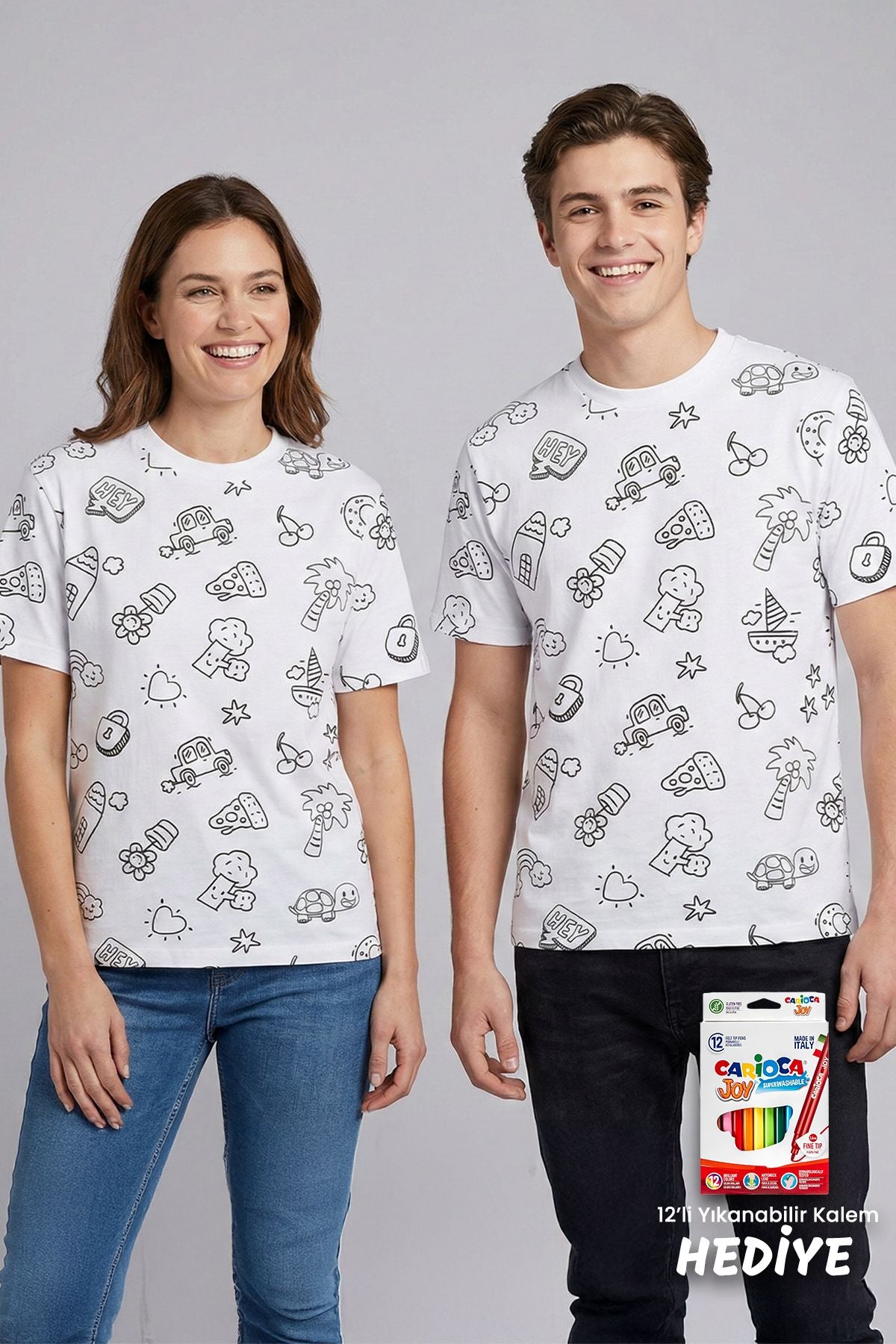 En Sevimli Figürleri Özel Kalemi ile BOYANABİLİR Yetişkin T-Shirt (Yıkama Sonrası Leke Bırakmaz)