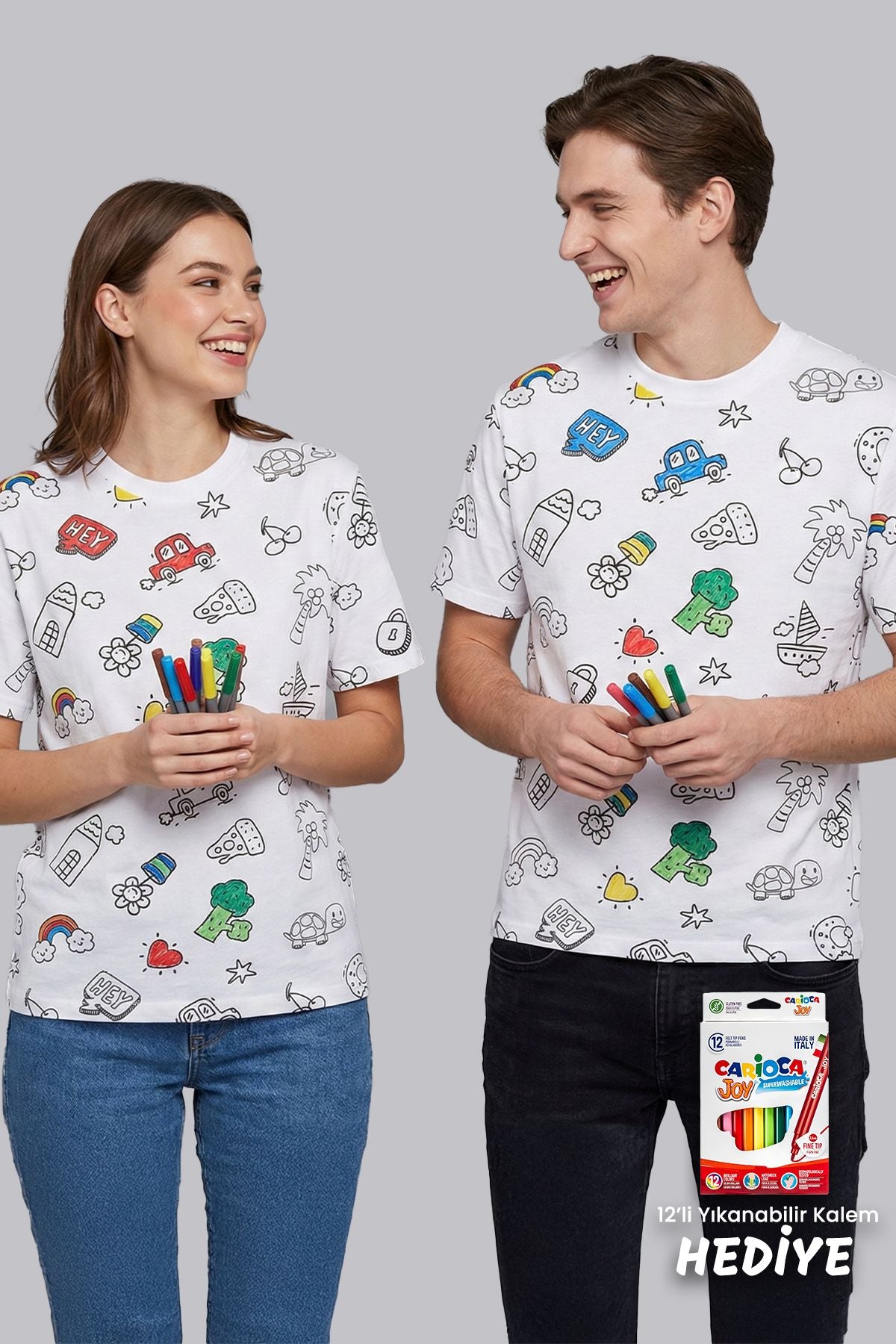 En Sevimli Figürleri Özel Kalemi ile BOYANABİLİR Yetişkin T-Shirt (Yıkama Sonrası Leke Bırakmaz)