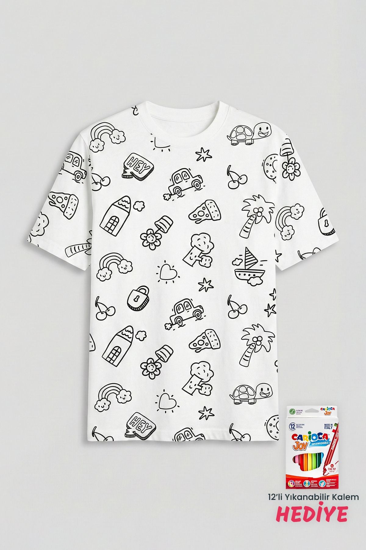 En Sevimli Figürleri Özel Kalemi ile BOYANABİLİR Yetişkin T-Shirt (Yıkama Sonrası Leke Bırakmaz)