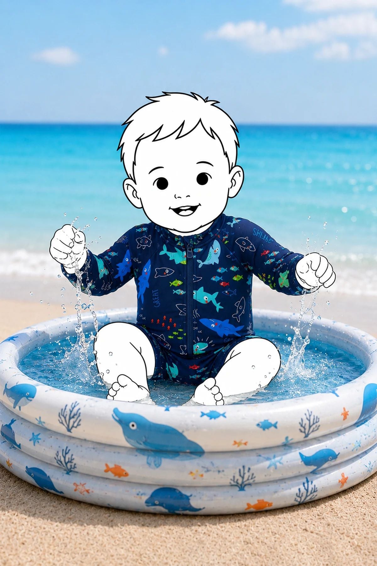Erkek Bebek Shark Splash Uzun Kollu Fermuarlı Tulum Mayo