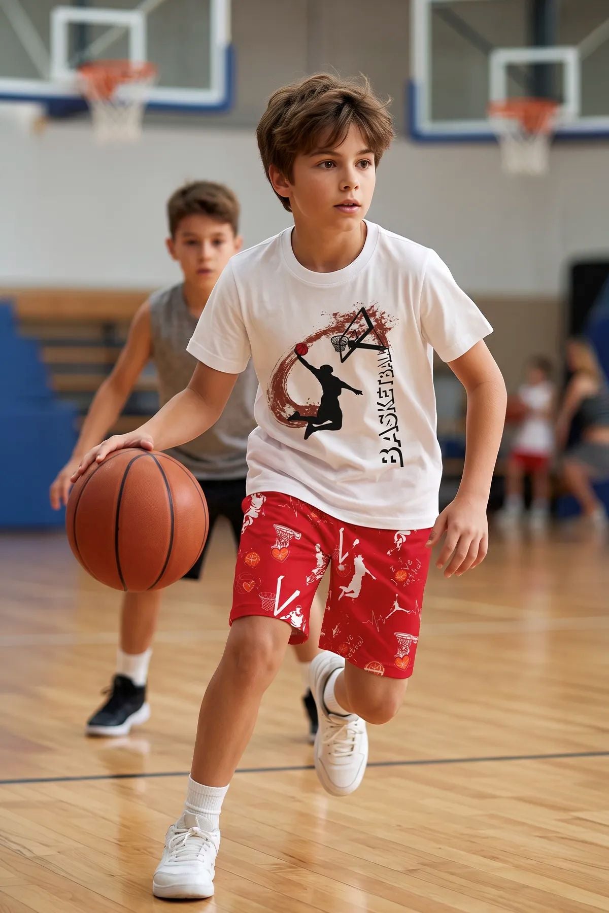 Erkek Çocuk Basketbol Baskılı Tişört ve Şort 2’li Takım – Kırmızı Beyaz