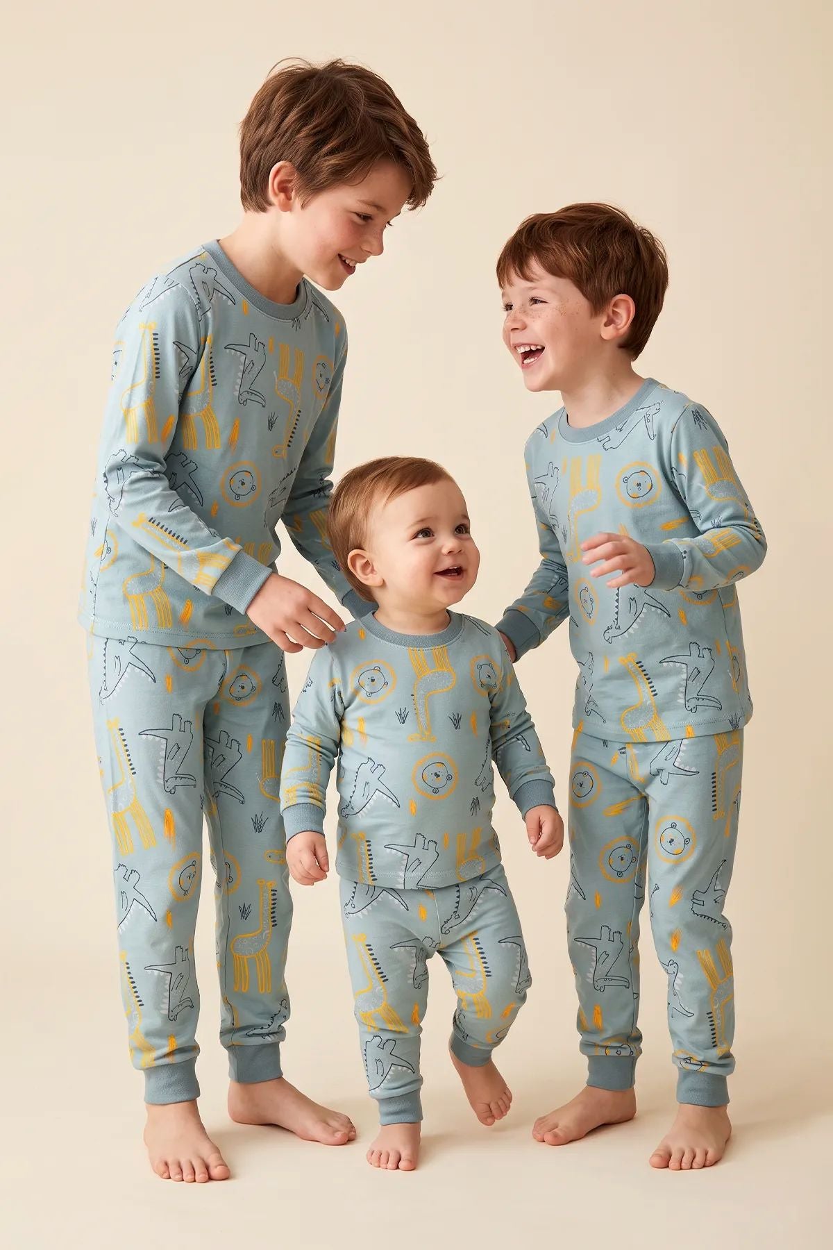 Erkek Çocuk Dinozor ve Safari Hayvanları Desenli Uzun Kollu Alt Üst Pijama Takımı