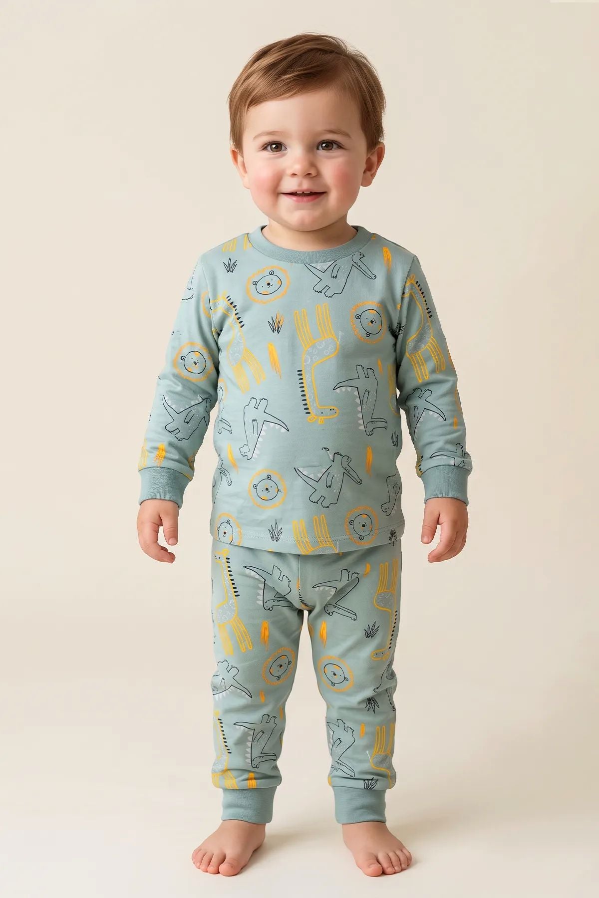 Erkek Çocuk Dinozor ve Safari Hayvanları Desenli Uzun Kollu Alt Üst Pijama Takımı
