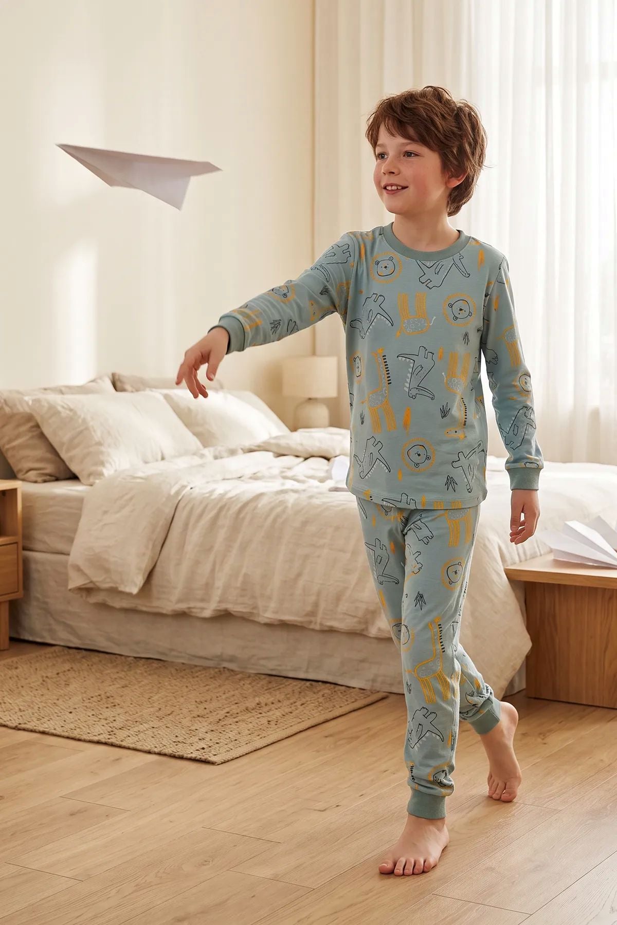 Erkek Çocuk Dinozor ve Safari Hayvanları Desenli Uzun Kollu Alt Üst Pijama Takımı