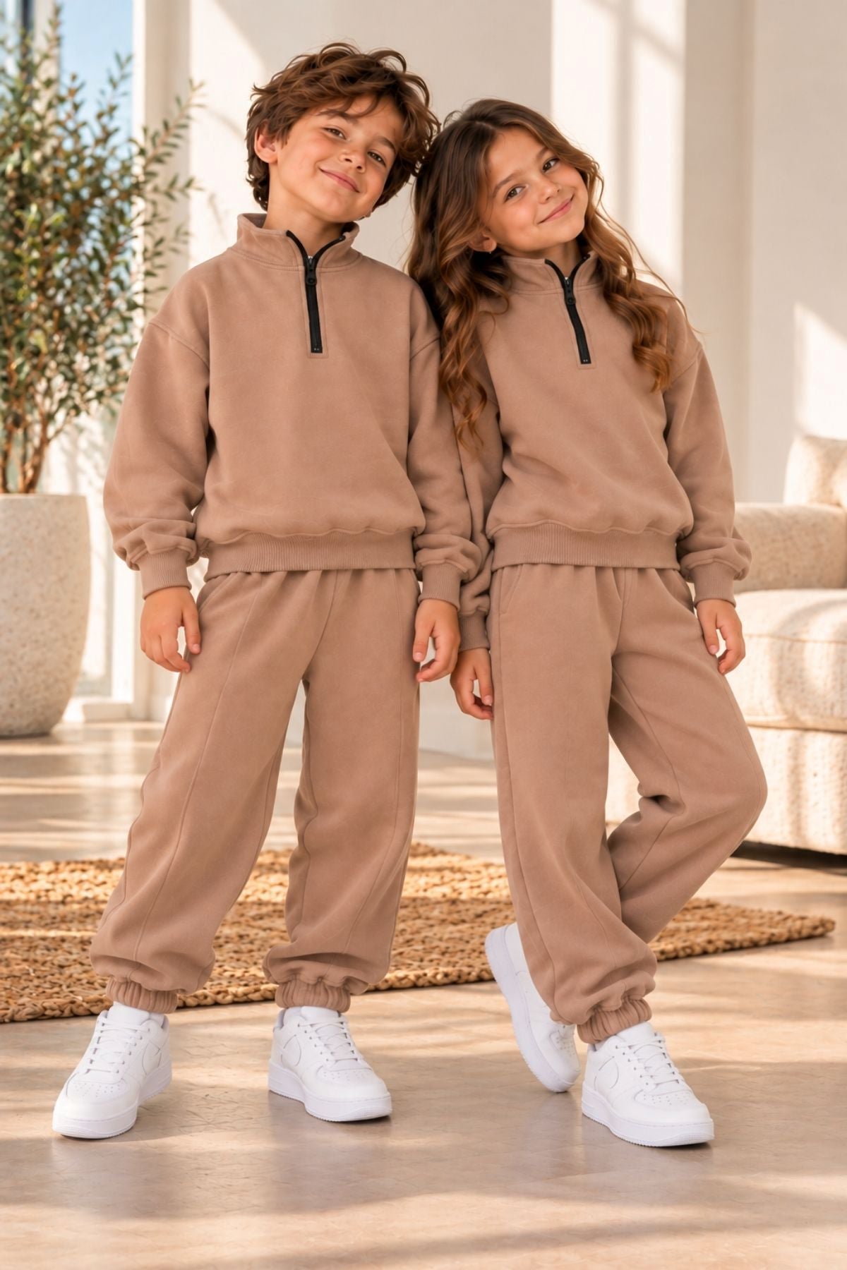 Unisex Çocuk Yarım Fermuarlı Dik Yaka Düz Renk Sweatshirt Ve Eşofman Takımı