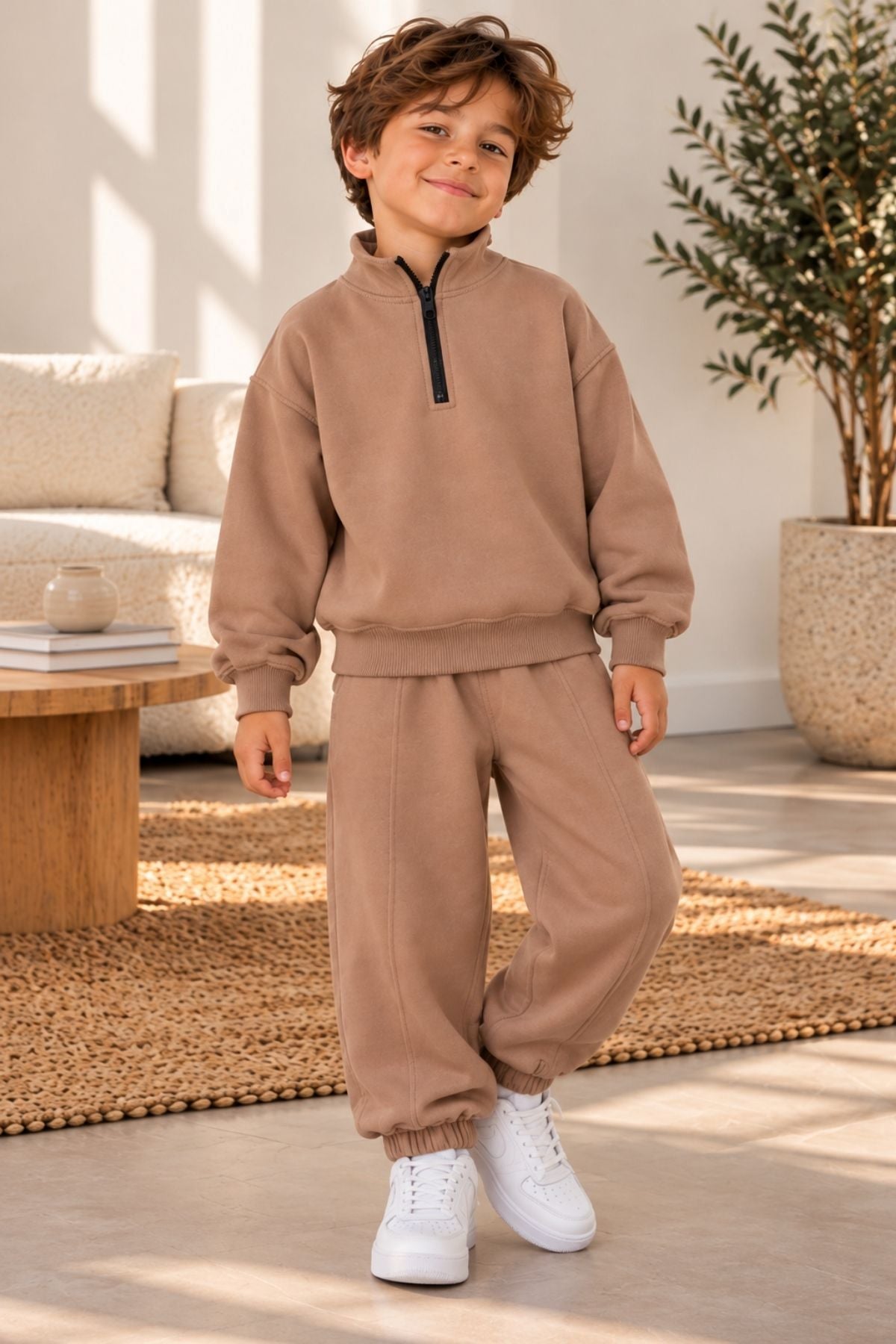 Unisex Çocuk Yarım Fermuarlı Dik Yaka Düz Renk Sweatshirt Ve Eşofman Takımı