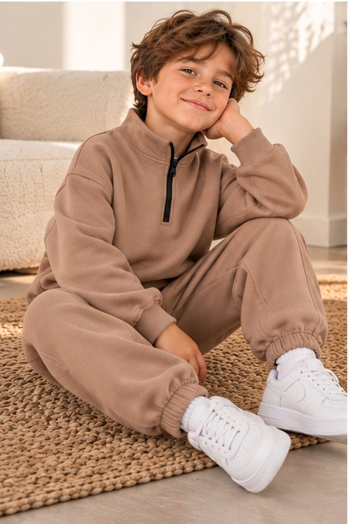 Unisex Çocuk Yarım Fermuarlı Dik Yaka Düz Renk Sweatshirt Ve Eşofman Takımı