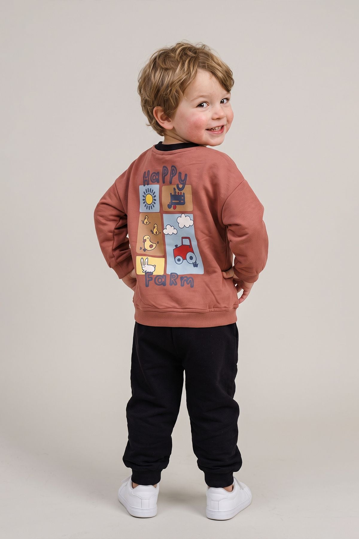 Happy Farm Baskılı Erkek Bebek Sweatshirt Eşofman Alt Üst Takım