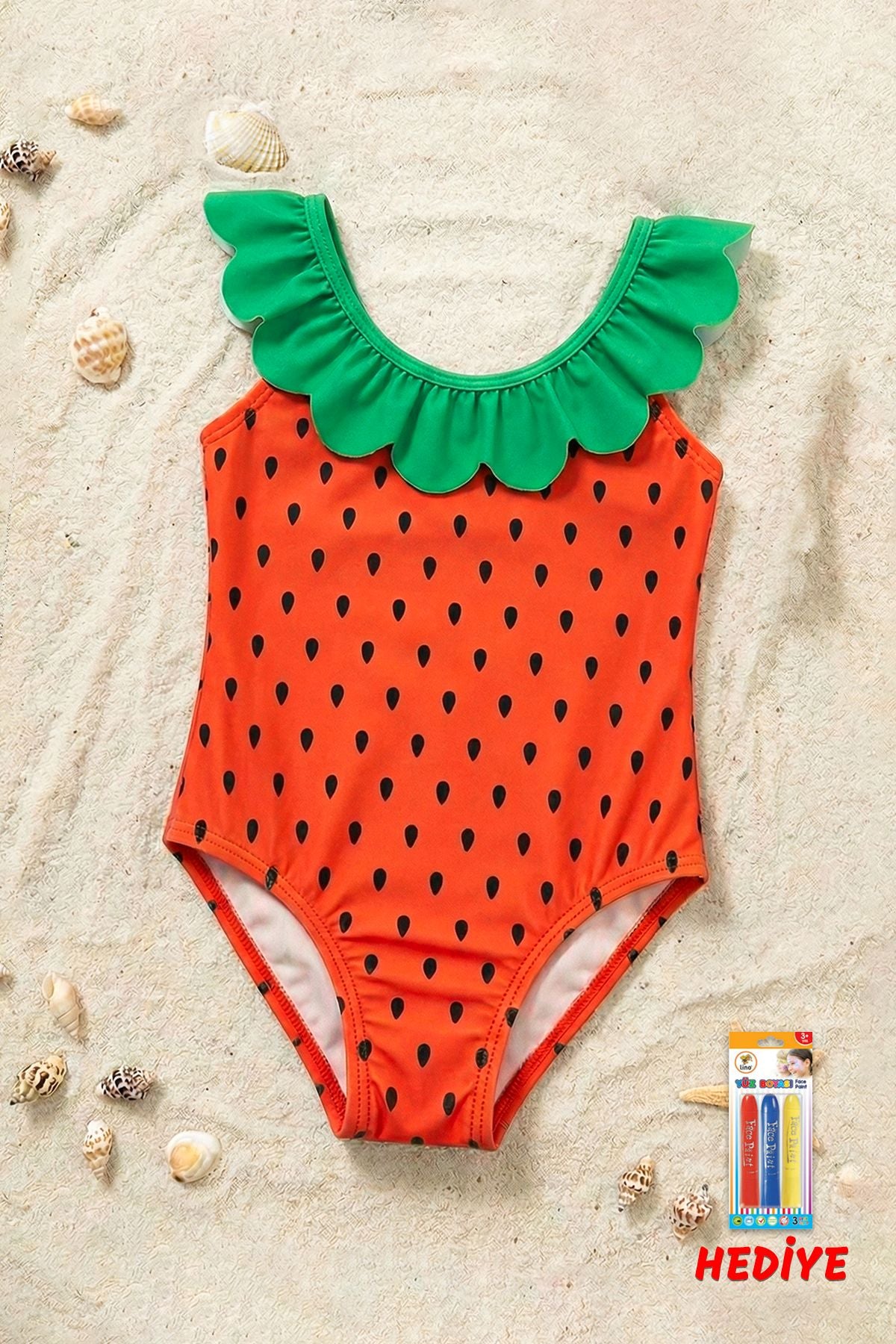 Fırfırlı Karpuz Desenli Kız Çocuk Mayo