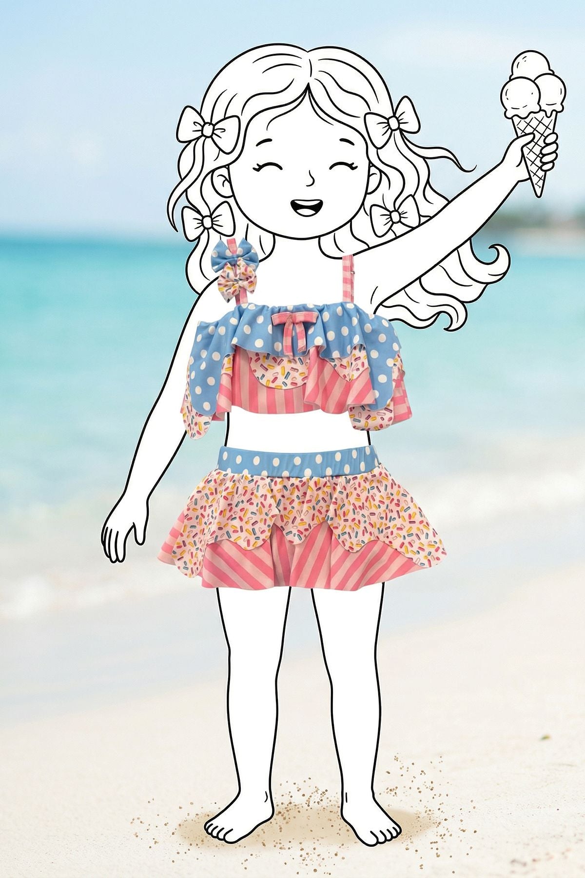 Fırfırlı Kız Çocuk Renkli Şeker Desenli Bikini Takımı