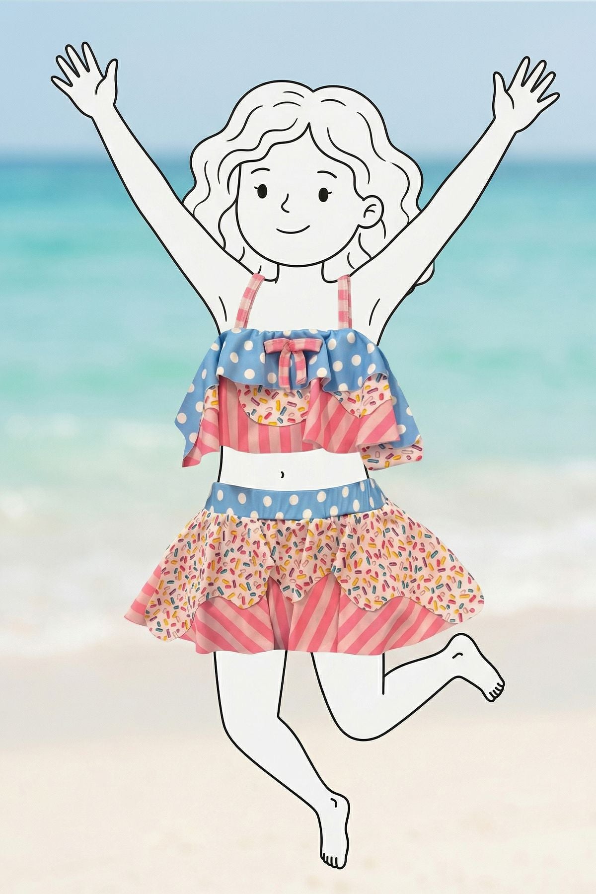 Fırfırlı Kız Çocuk Renkli Şeker Desenli Bikini Takımı