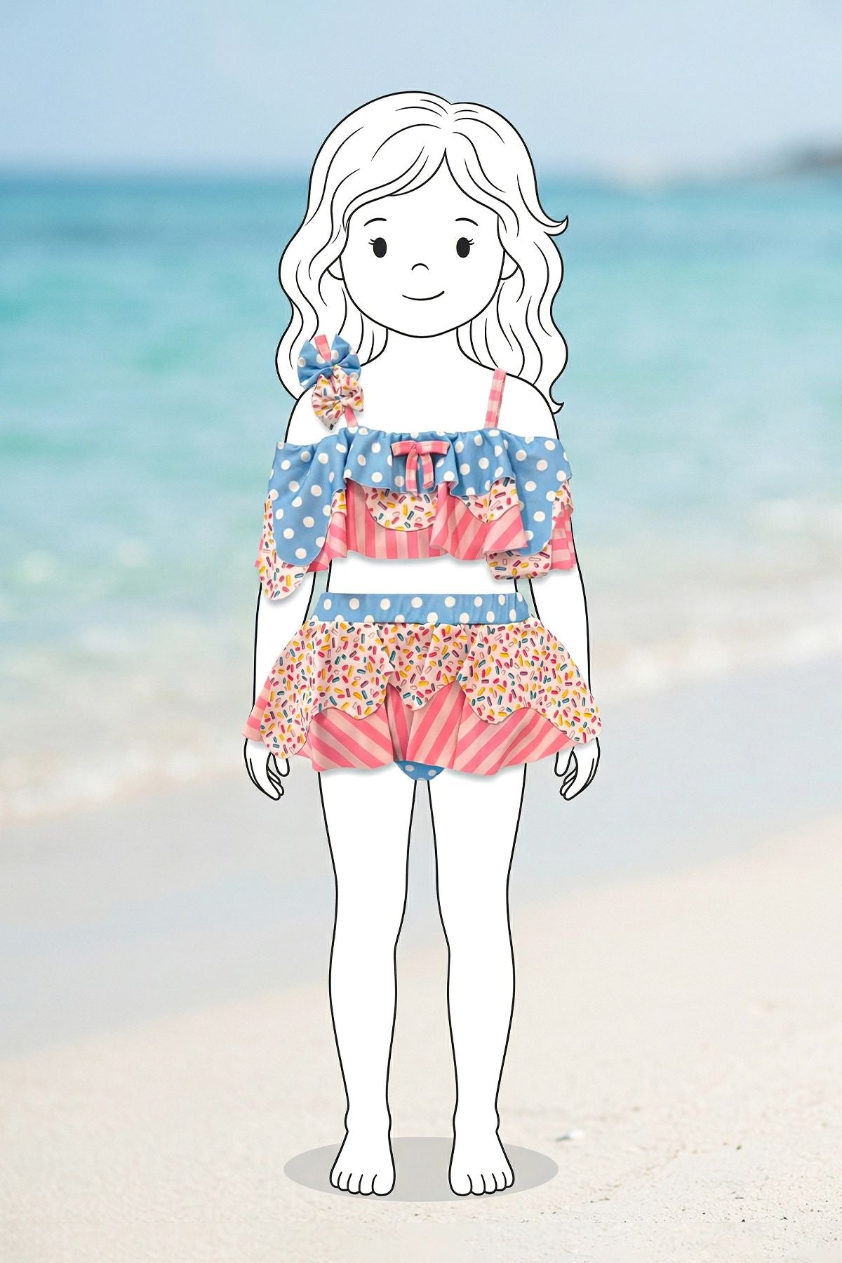 Fırfırlı Kız Çocuk Renkli Şeker Desenli Bikini Takımı